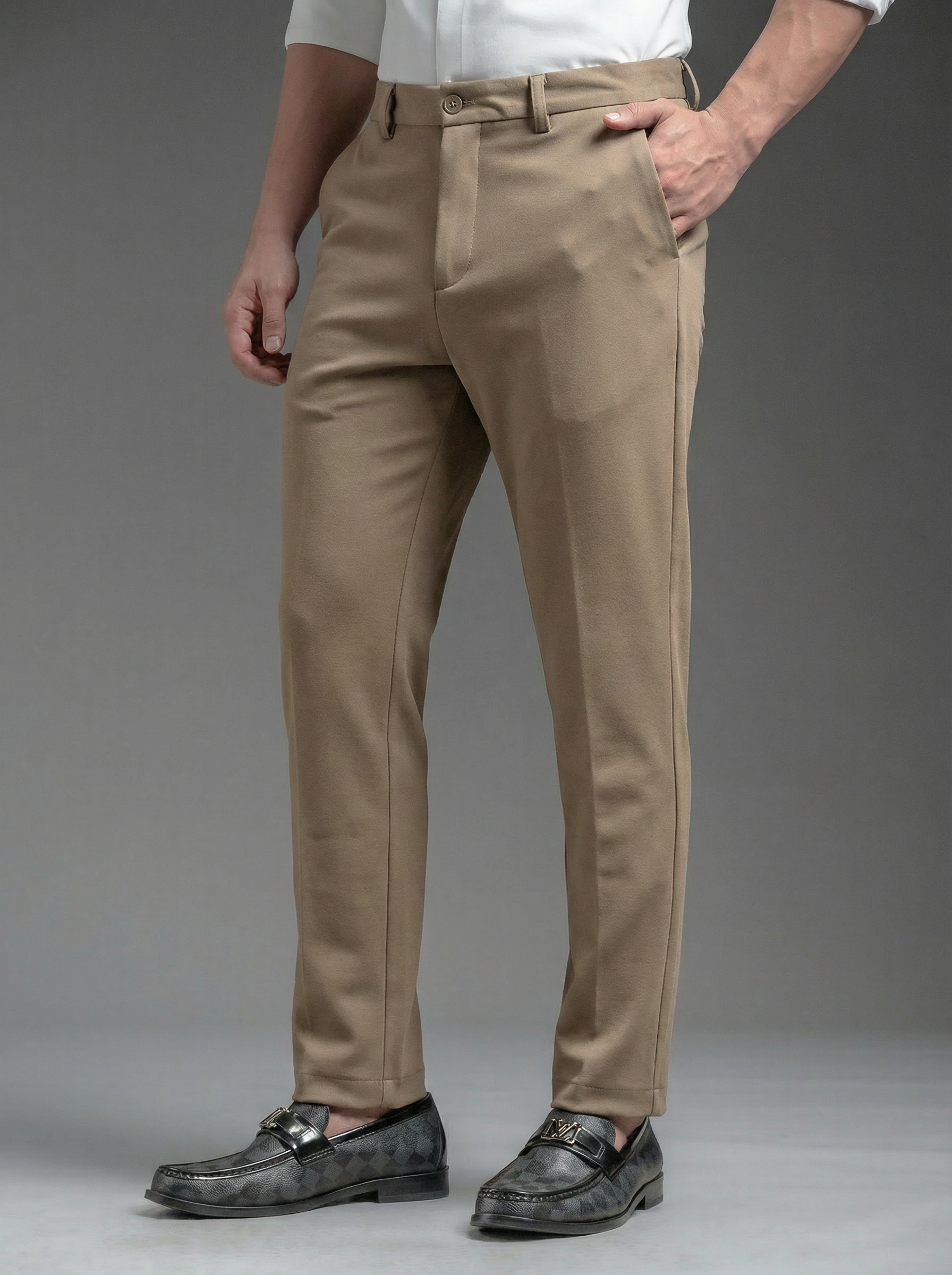 Snowpard Lyon Stretch Trouser Beige — side view, tailored fit stretch trouser