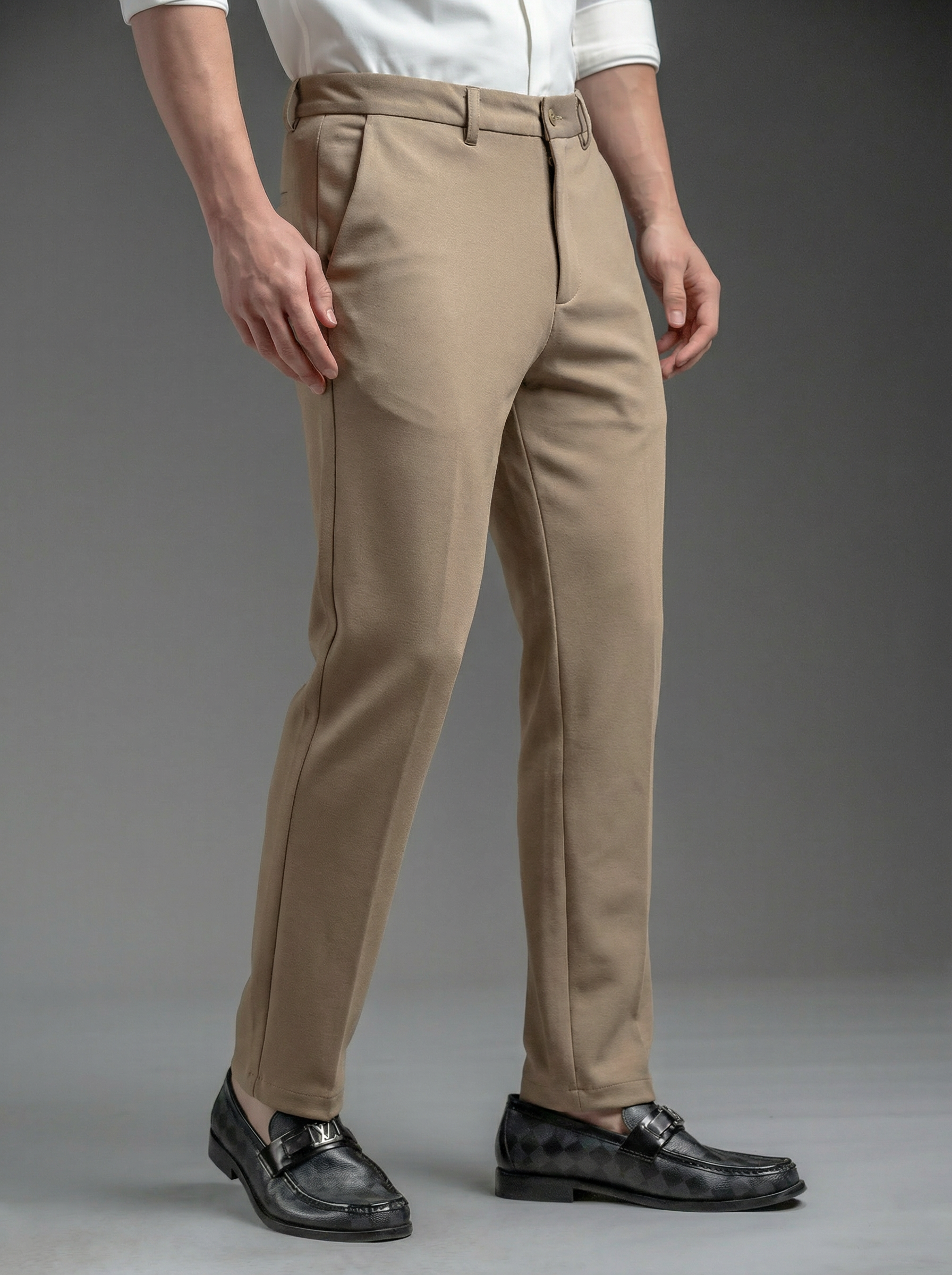 Snowpard Lyon Stretch Trouser Beige — waistband detail, scuba stretch trouser