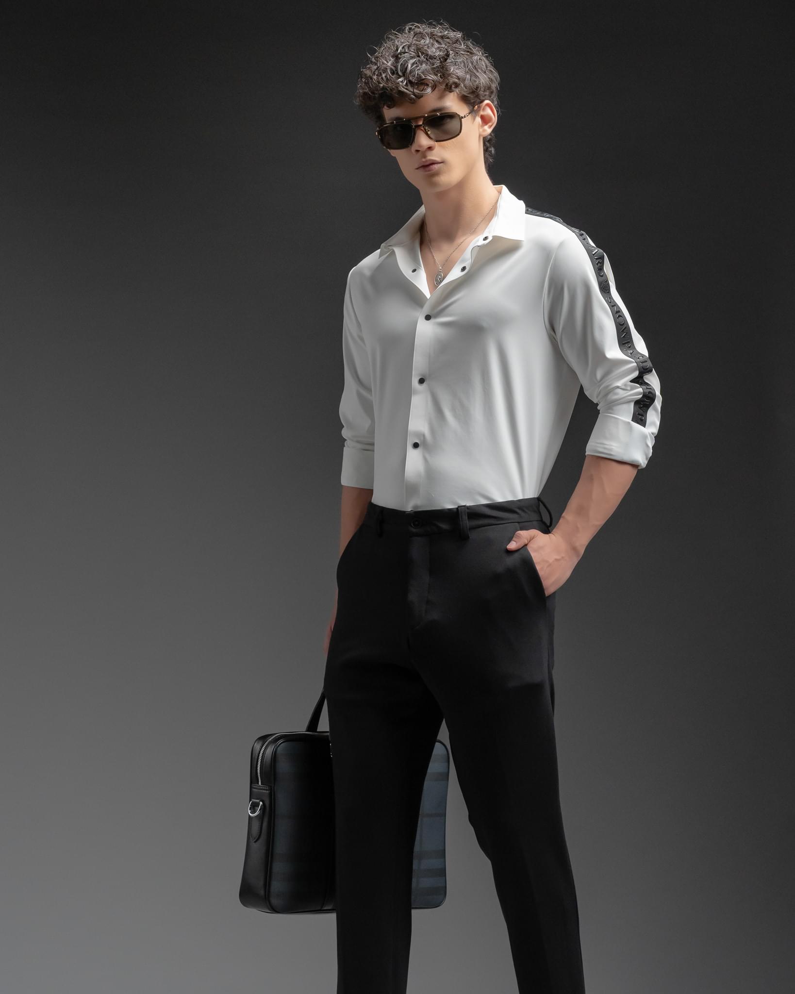Snowpard Lyon Stretch Trouser Black — model shot, smart casual stretch trouser