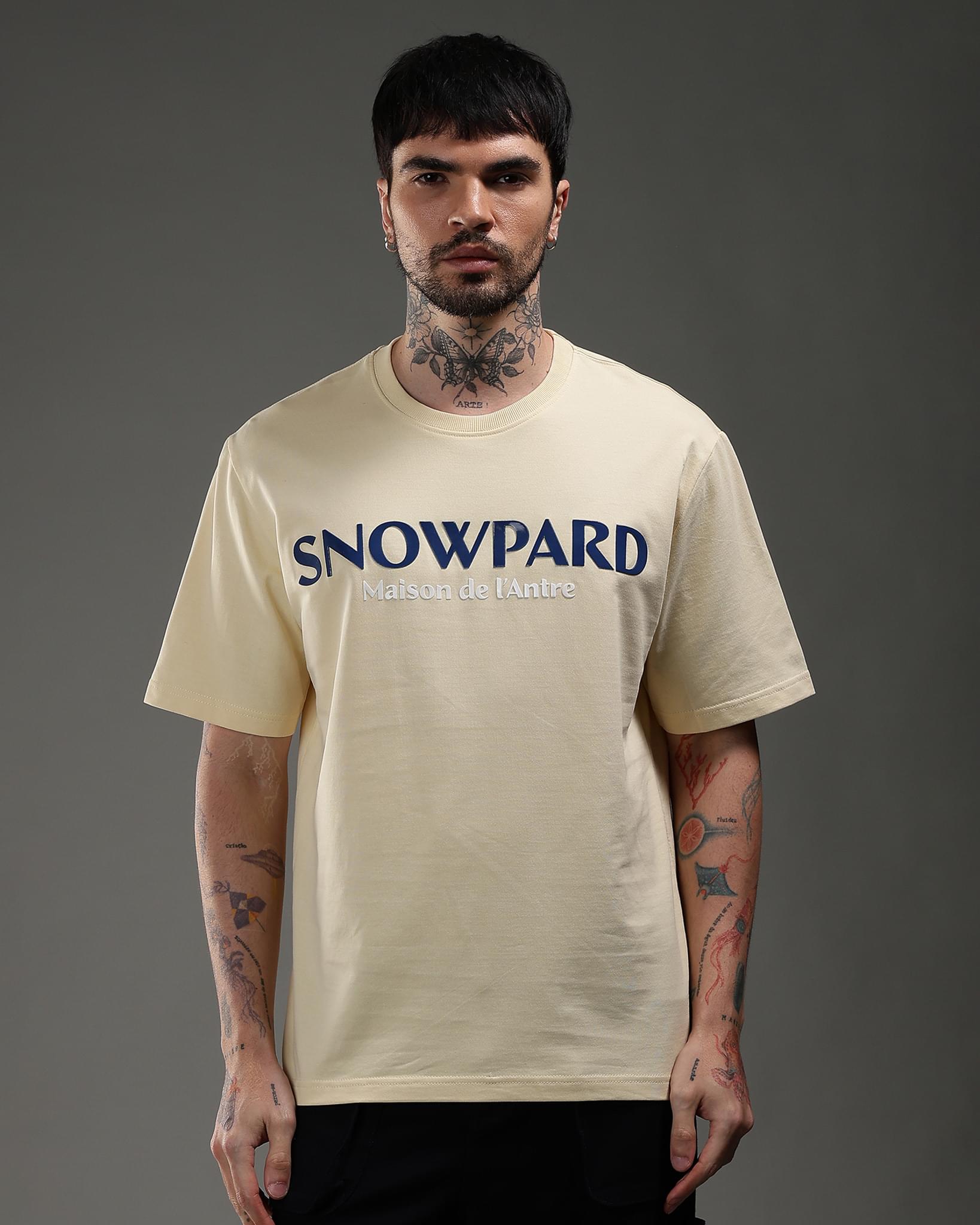 Snowpard Maison de l'Antre Relaxed Tee Beige — front view, men's graphic t-shirt India