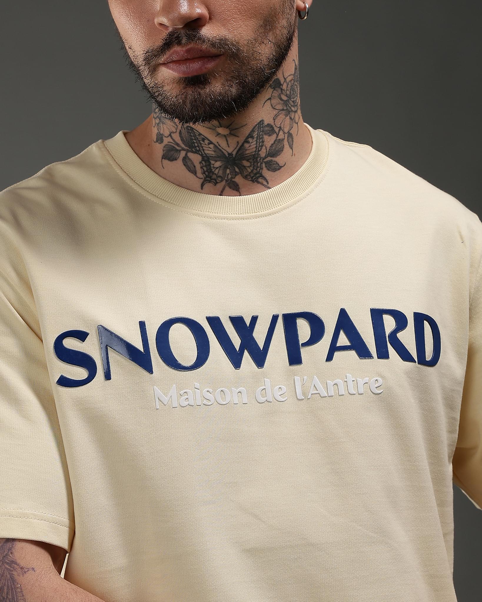 Snowpard Maison de l'Antre Relaxed Tee Beige — full length, luxury graphic tee Bangalore