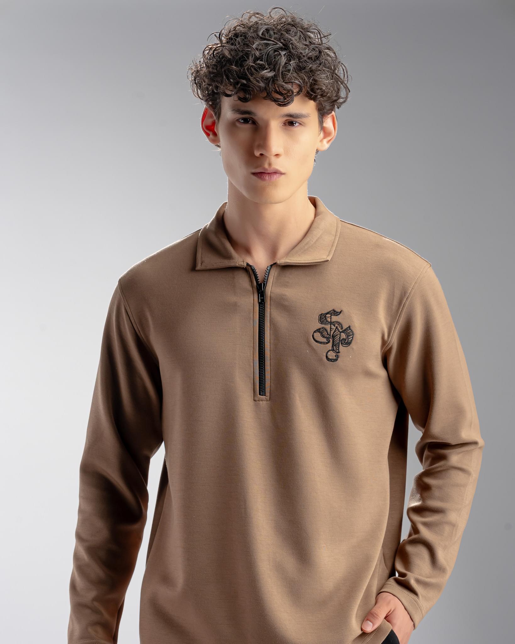 Snowpard Milan Long Sleeve Zip Polo Brown — three quarter view, structured polo shirt