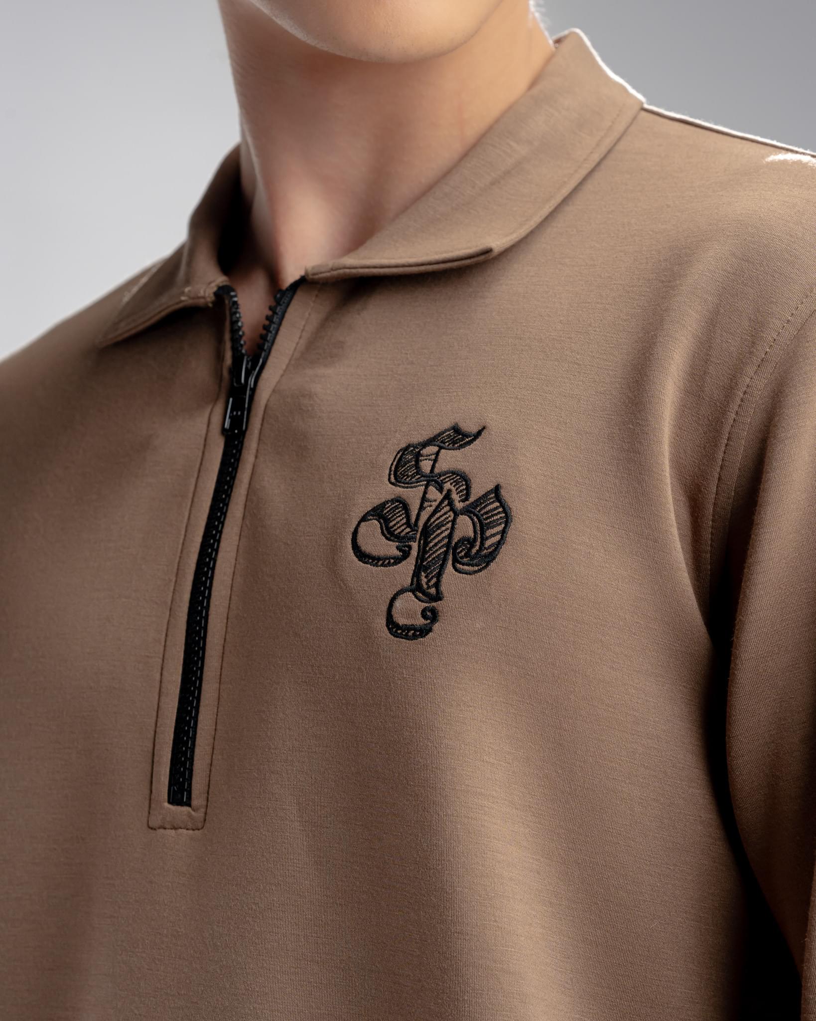 Snowpard Milan Long Sleeve Zip Polo Brown — collar zip detail, premium men's polo