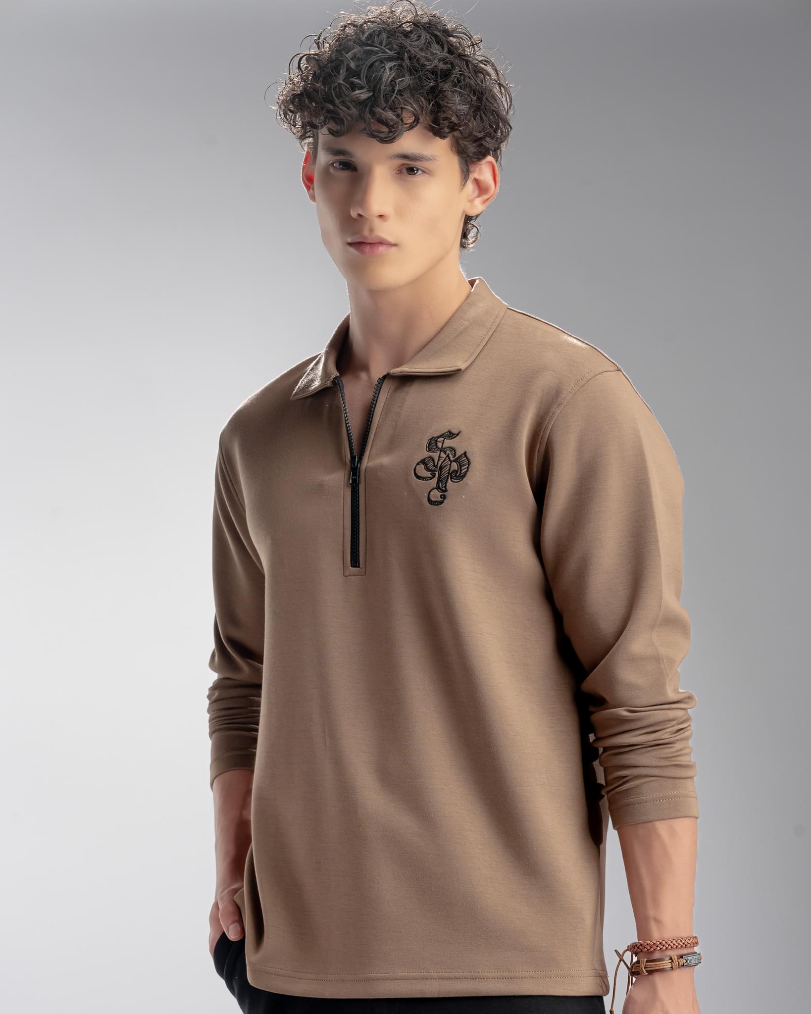 Snowpard Milan Long Sleeve Zip Polo Brown — full length, premium menswear India
