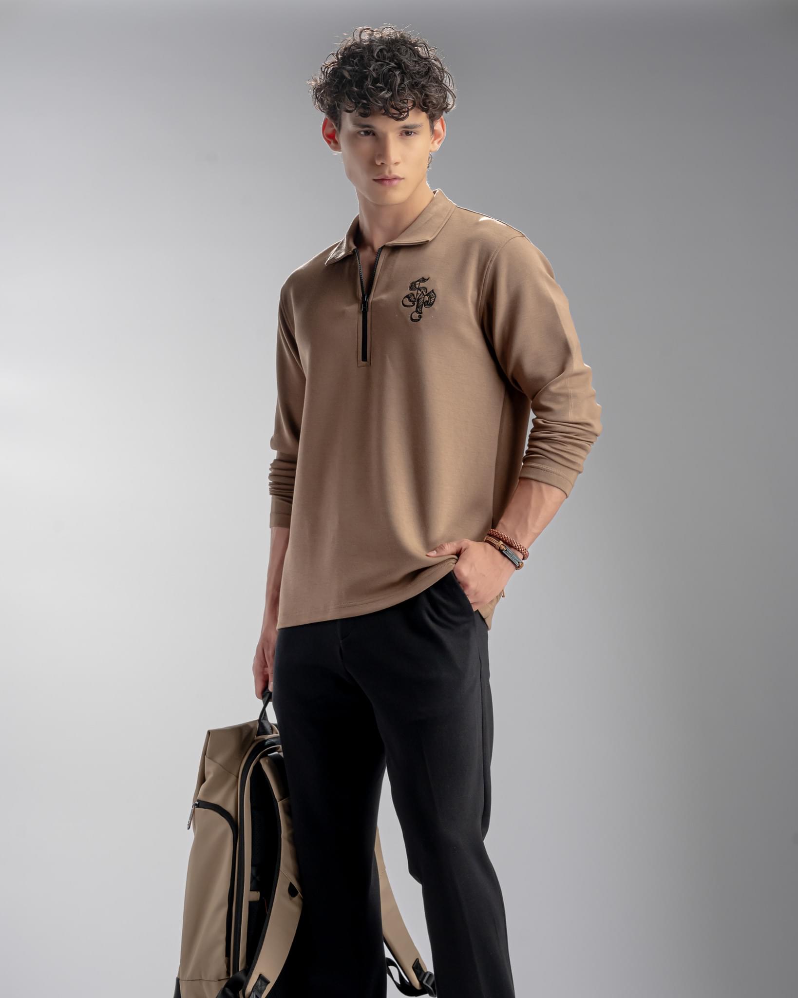 Snowpard Milan Long Sleeve Zip Polo Brown — model shot, structured scuba polo shirt