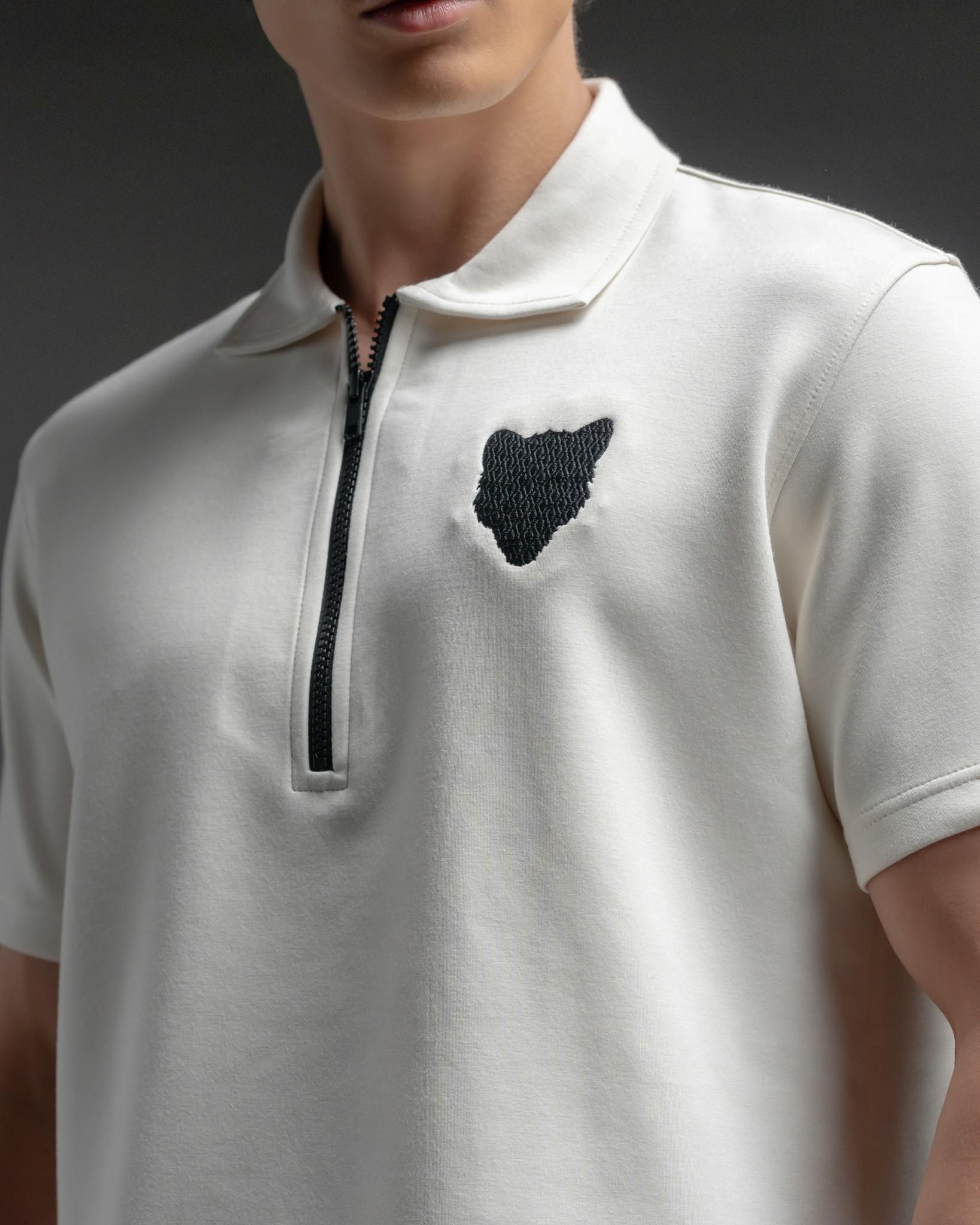 Snowpard Milan Zip Polo White — three quarter view, structured zip polo shirt