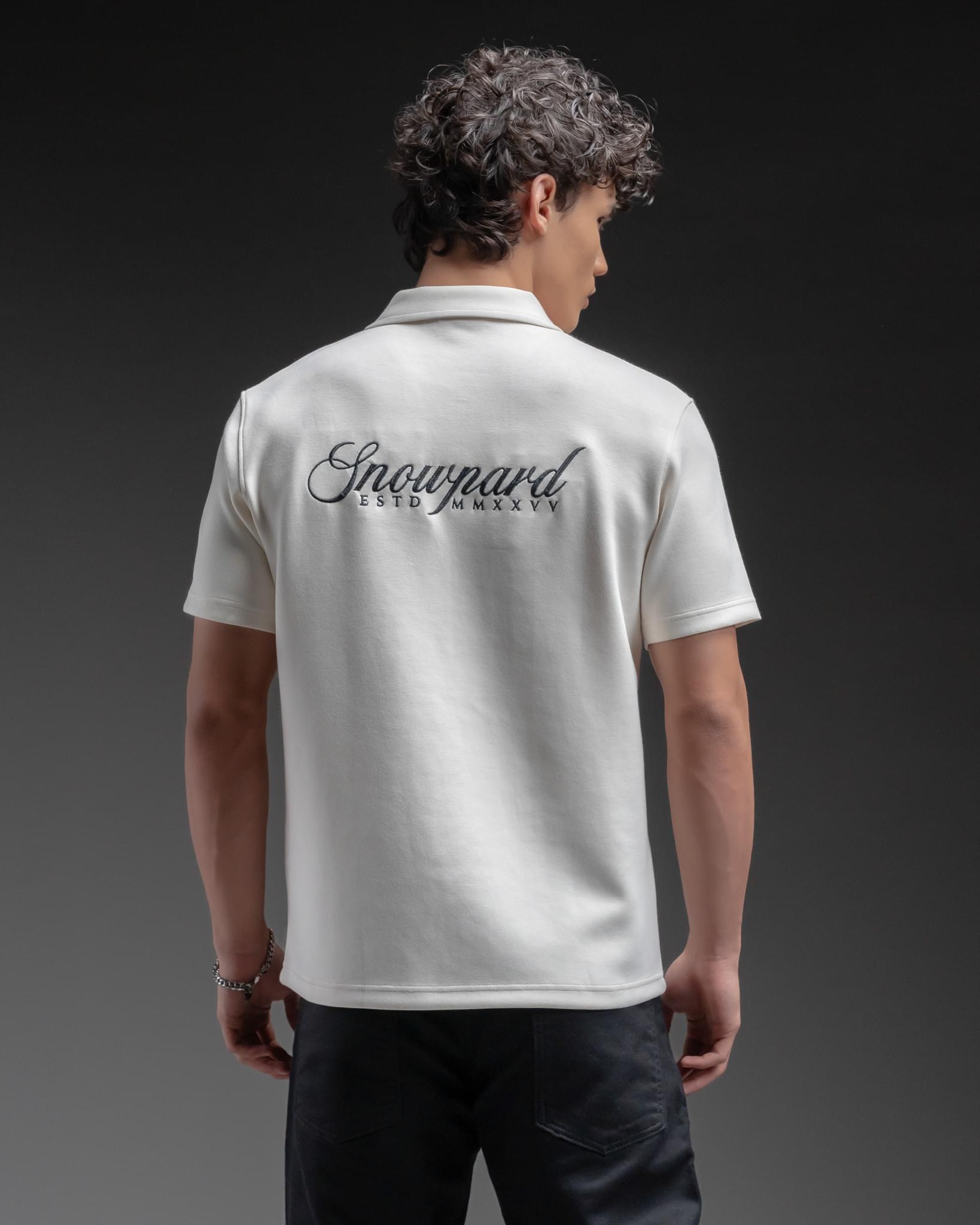 Snowpard Milan Zip Polo White — back view, men's smart casual polo Bangalore