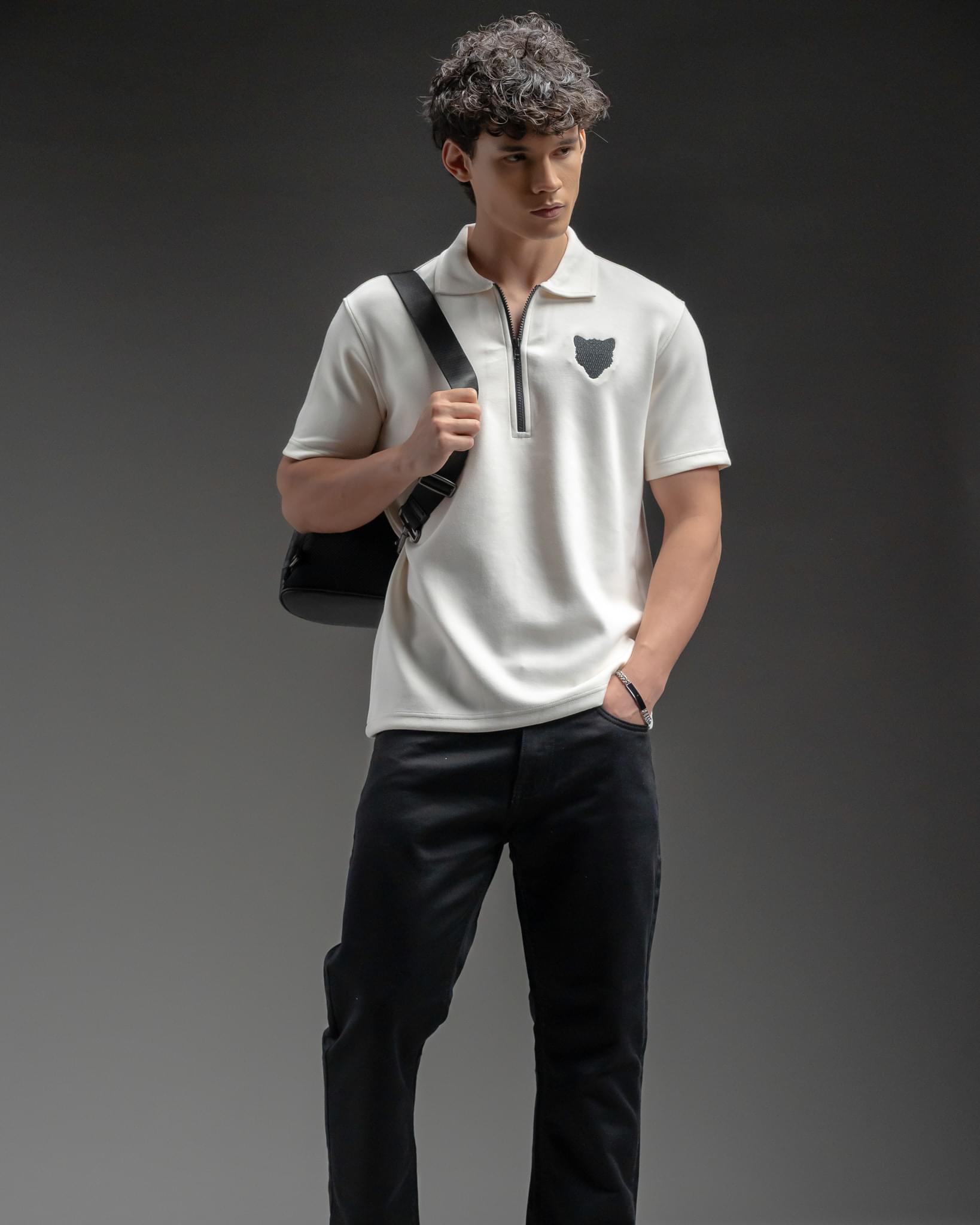 Snowpard Milan Zip Polo White — model shot, premium men's polo shirt