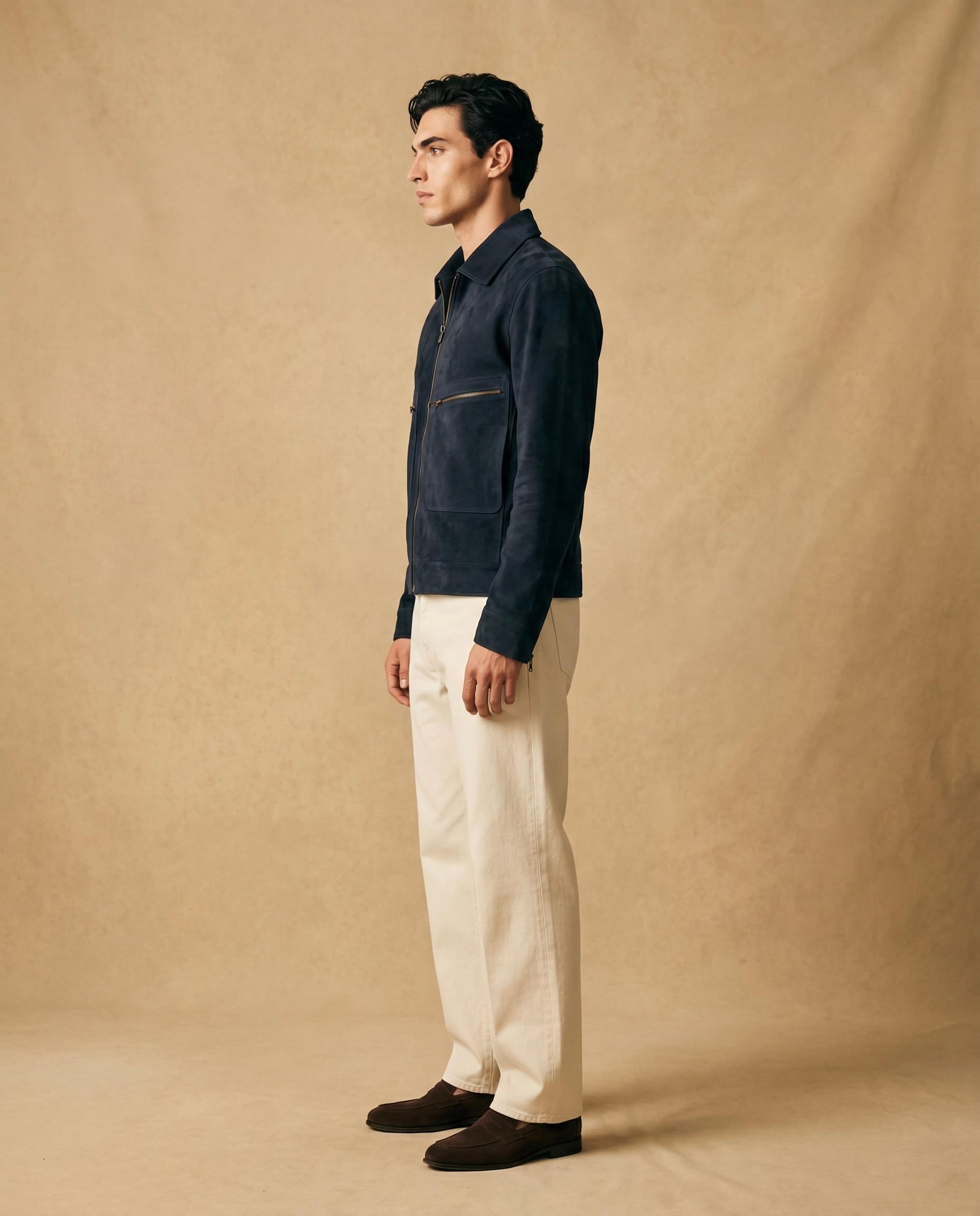 Snowpard Navy Blouson Suede Jacket — rear view, blouson silhouette detail