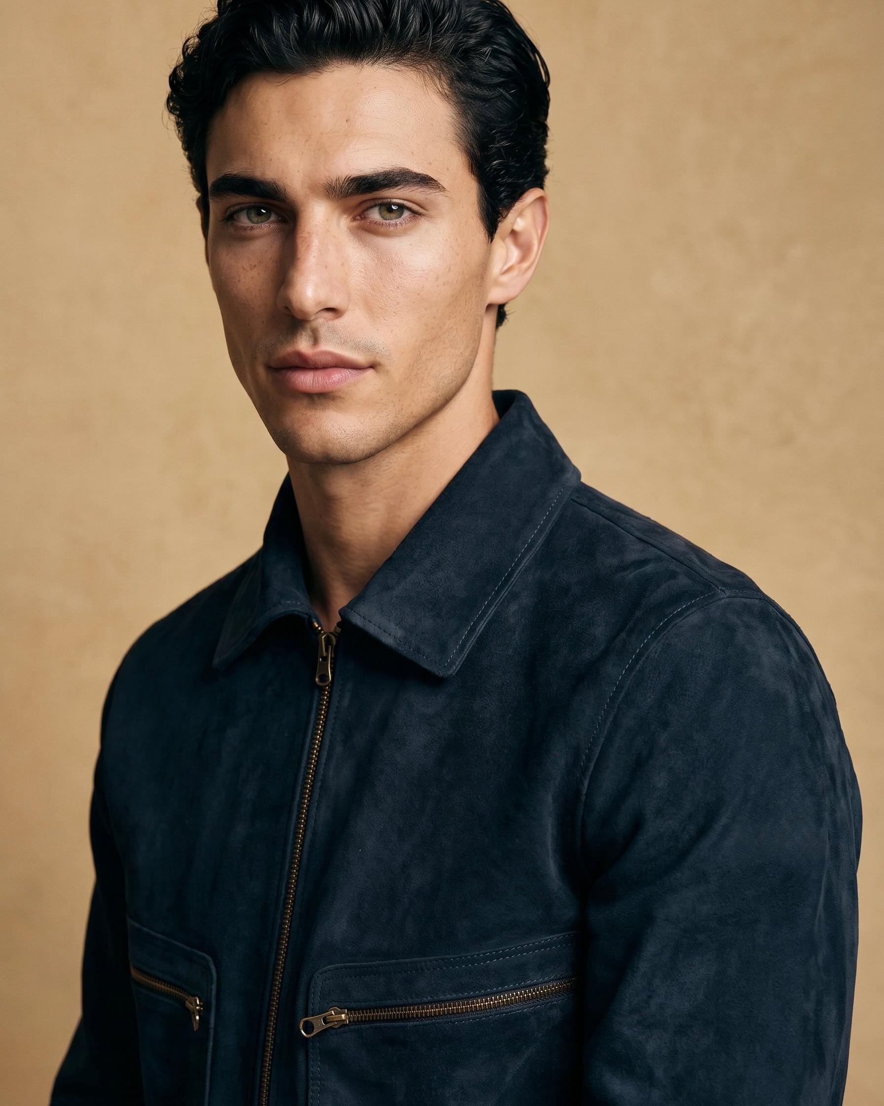 Snowpard Navy Blouson Suede Jacket — collar and shoulder detail, premium suede
