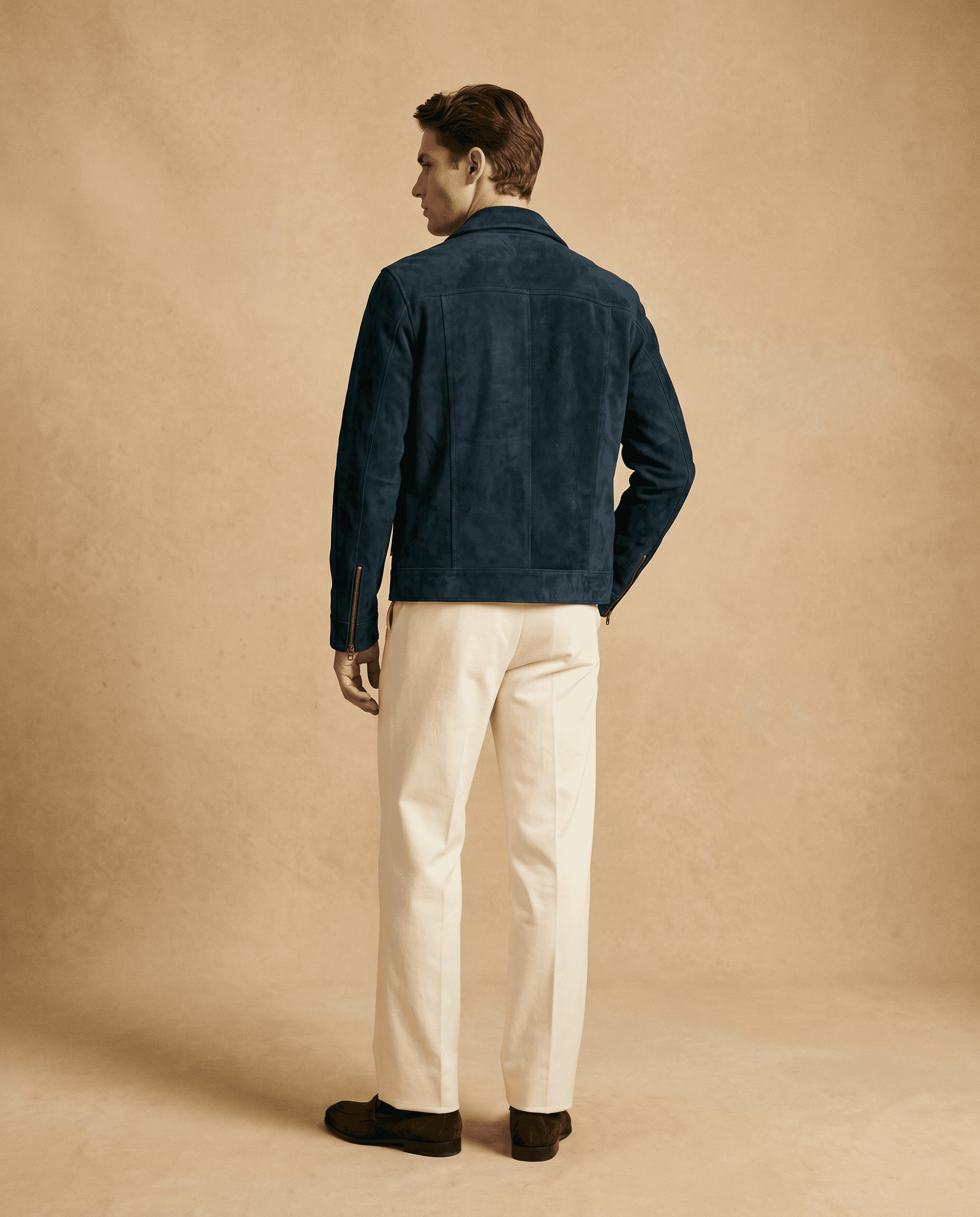 Snowpard Navy Blouson Suede Jacket — styled on model, Zanskar Collection limited run