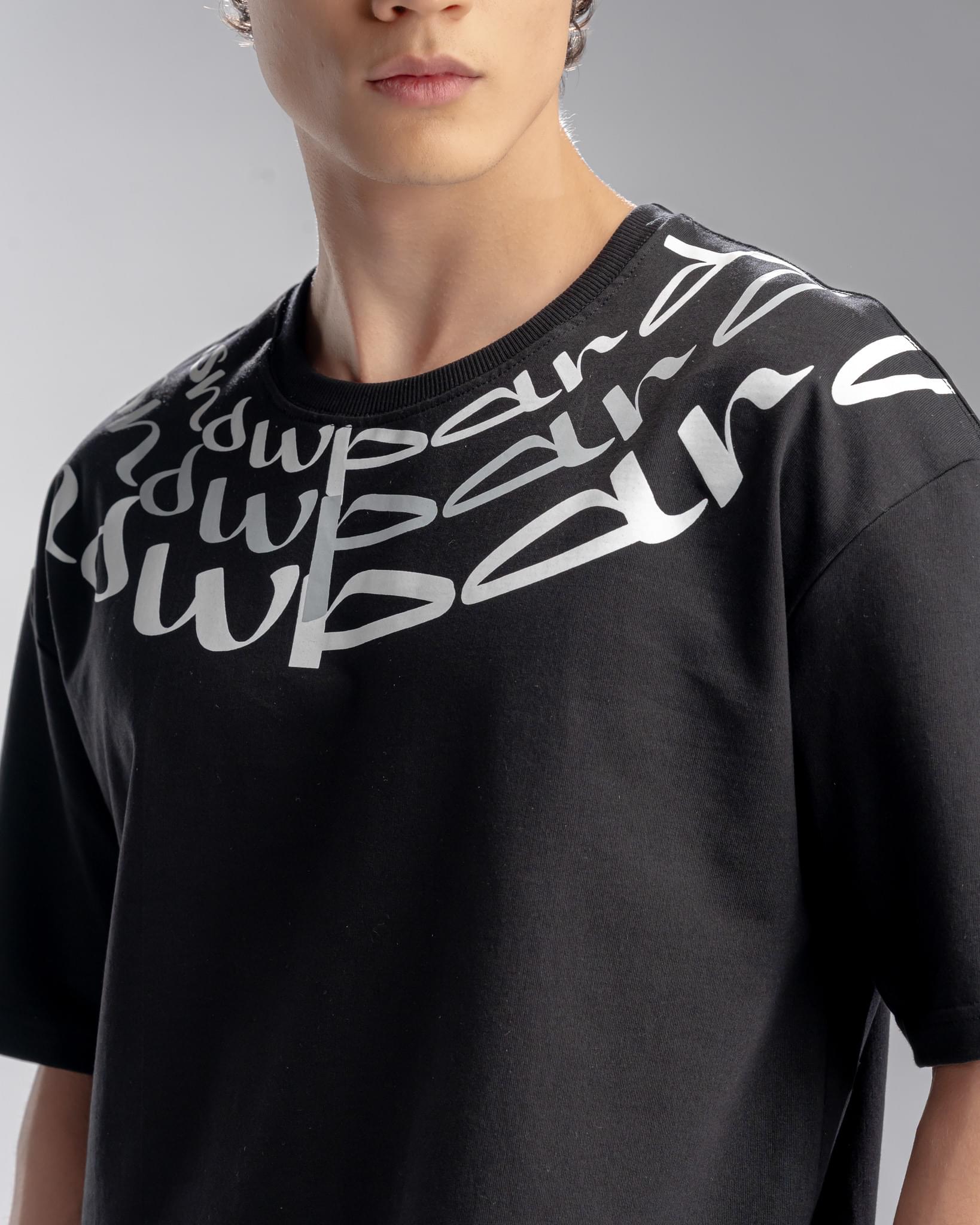 Snowpard Neck Script Oversized Tee Black — side view, premium oversized cotton tee