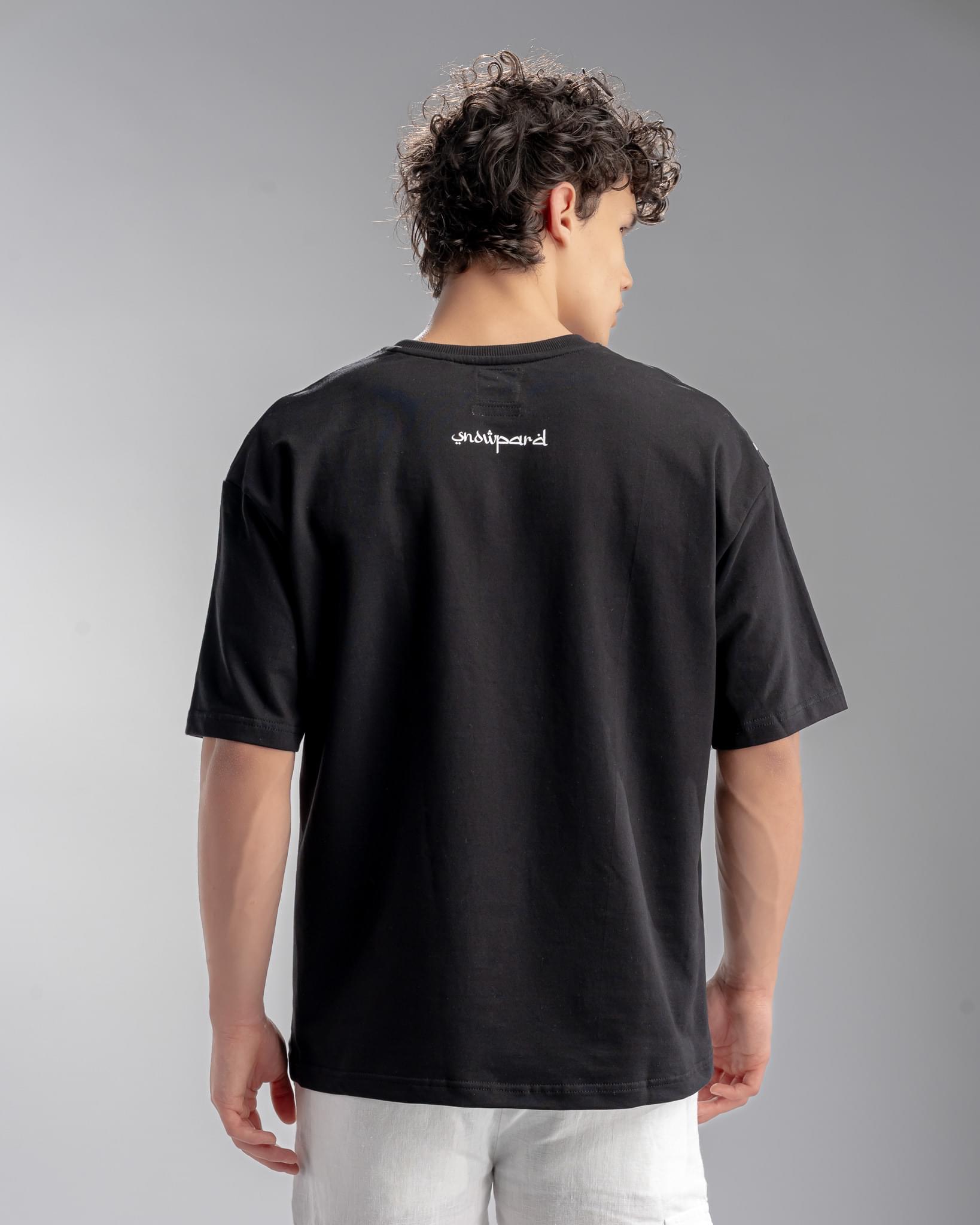 Snowpard Neck Script Oversized Tee Black — neckline detail, typographic wrap close-up
