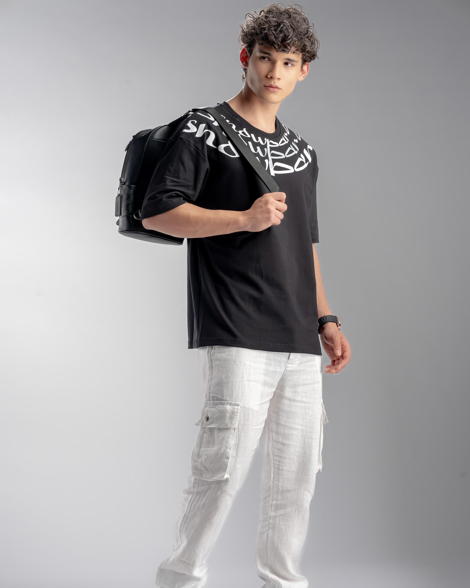 Snowpard Neck Script Oversized Tee Black — full length, luxury graphic tee Bangalore