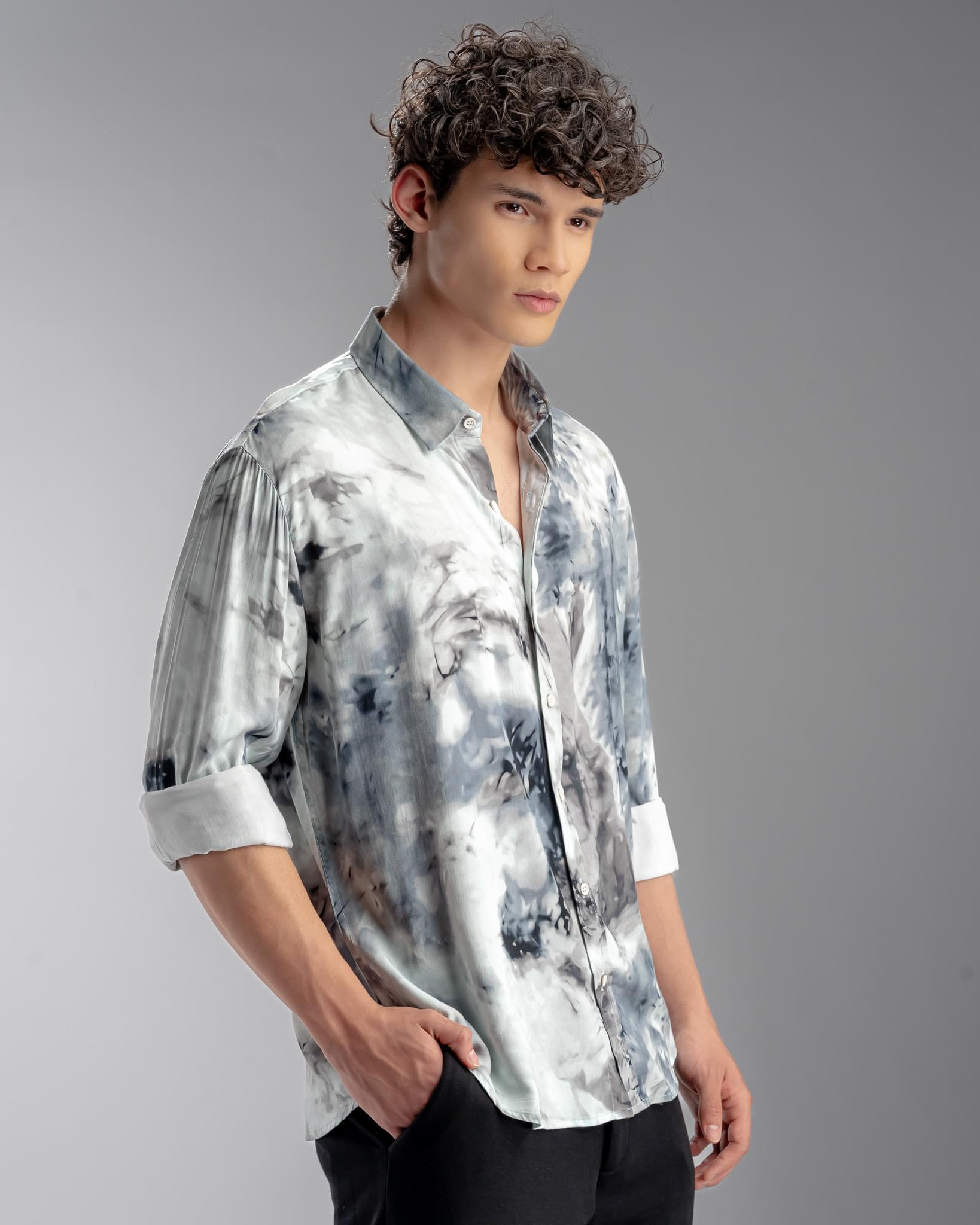 Snowpard Oslo Abstract Rayon Shirt Blue — three quarter view, printed casual shirt