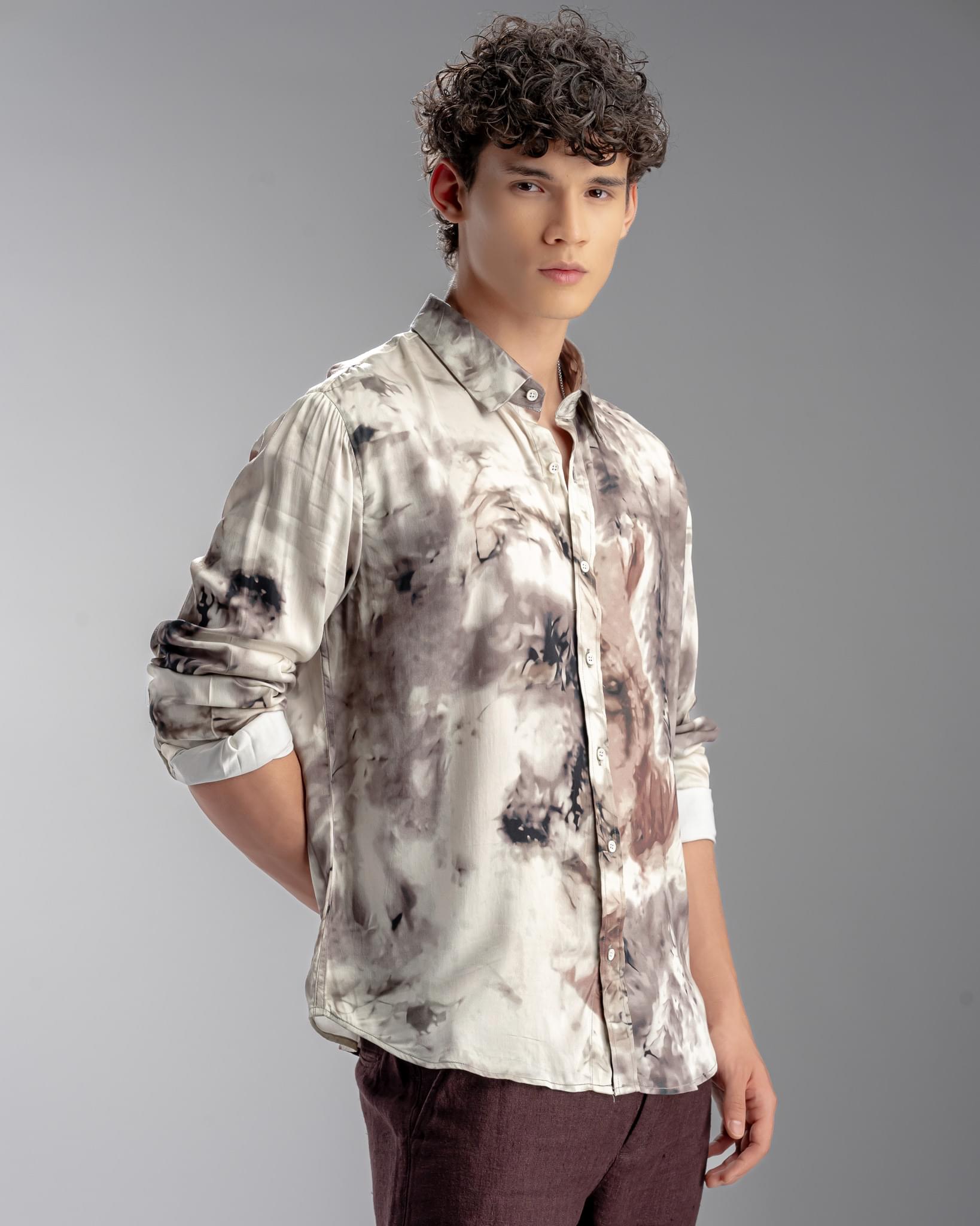 Snowpard Oslo Abstract Rayon Shirt Brown — three quarter view, printed casual shirt