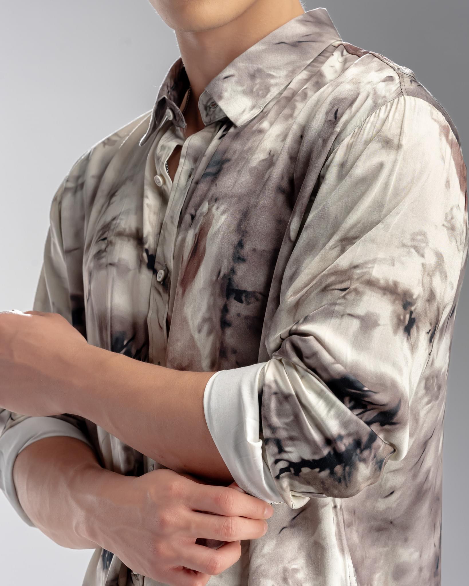 Snowpard Oslo Abstract Rayon Shirt Brown — print detail, earthy abstract pattern