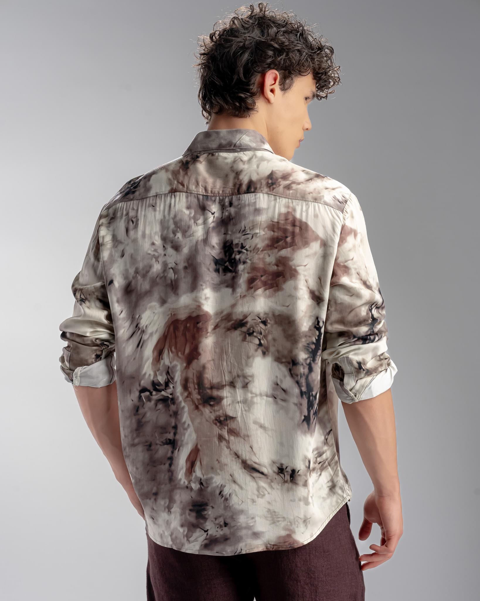 Snowpard Oslo Abstract Rayon Shirt Brown — back view, premium printed rayon shirt Bangalore