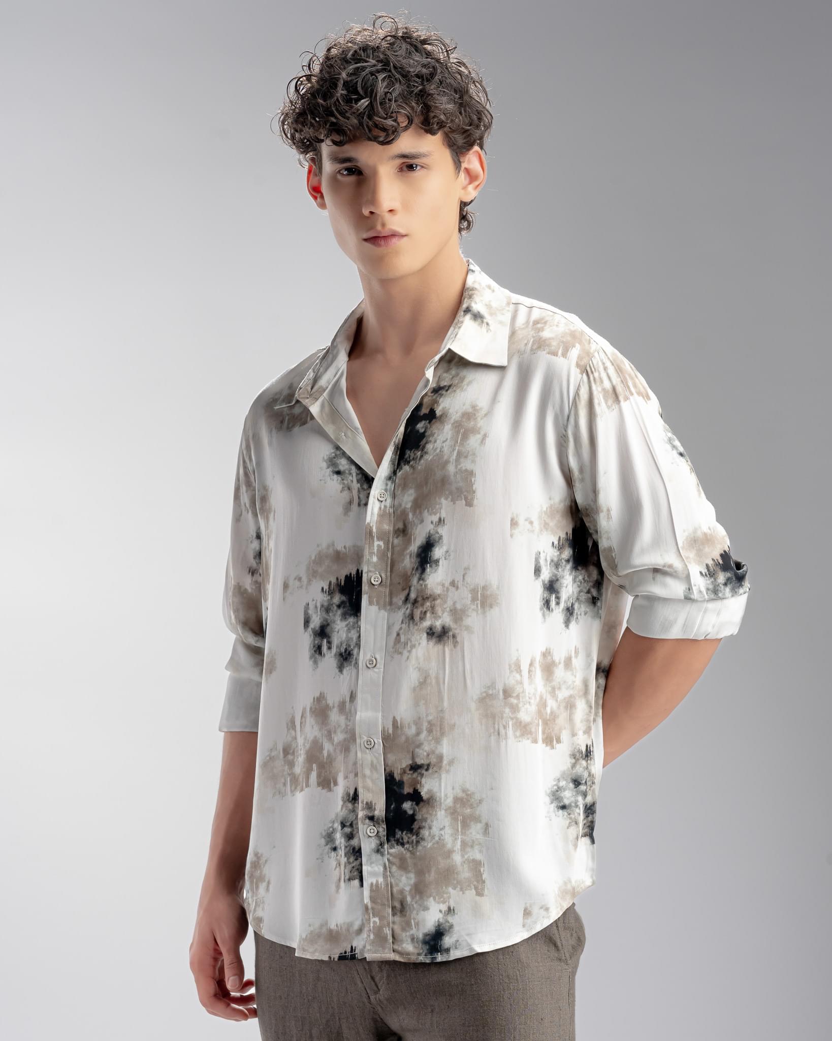 Snowpard Oslo Abstract Rayon Shirt Olive — side view, grounded abstract rayon shirt