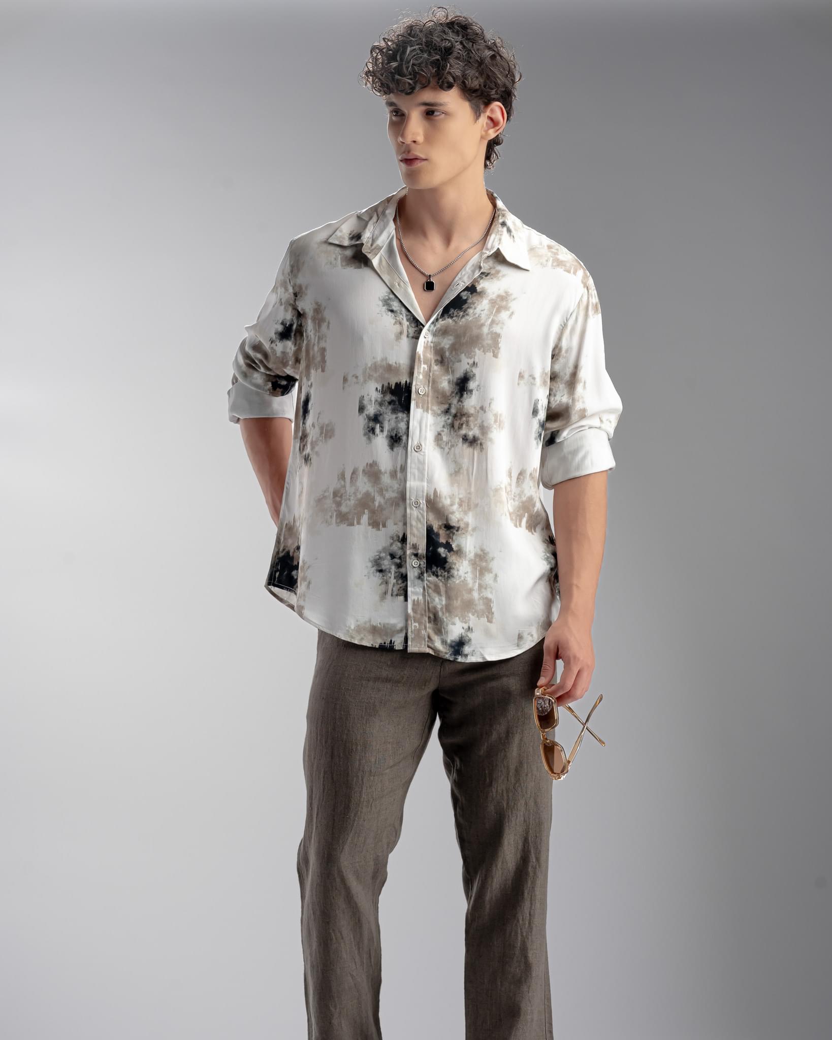 Snowpard Oslo Abstract Rayon Shirt Olive — full length, luxury menswear India