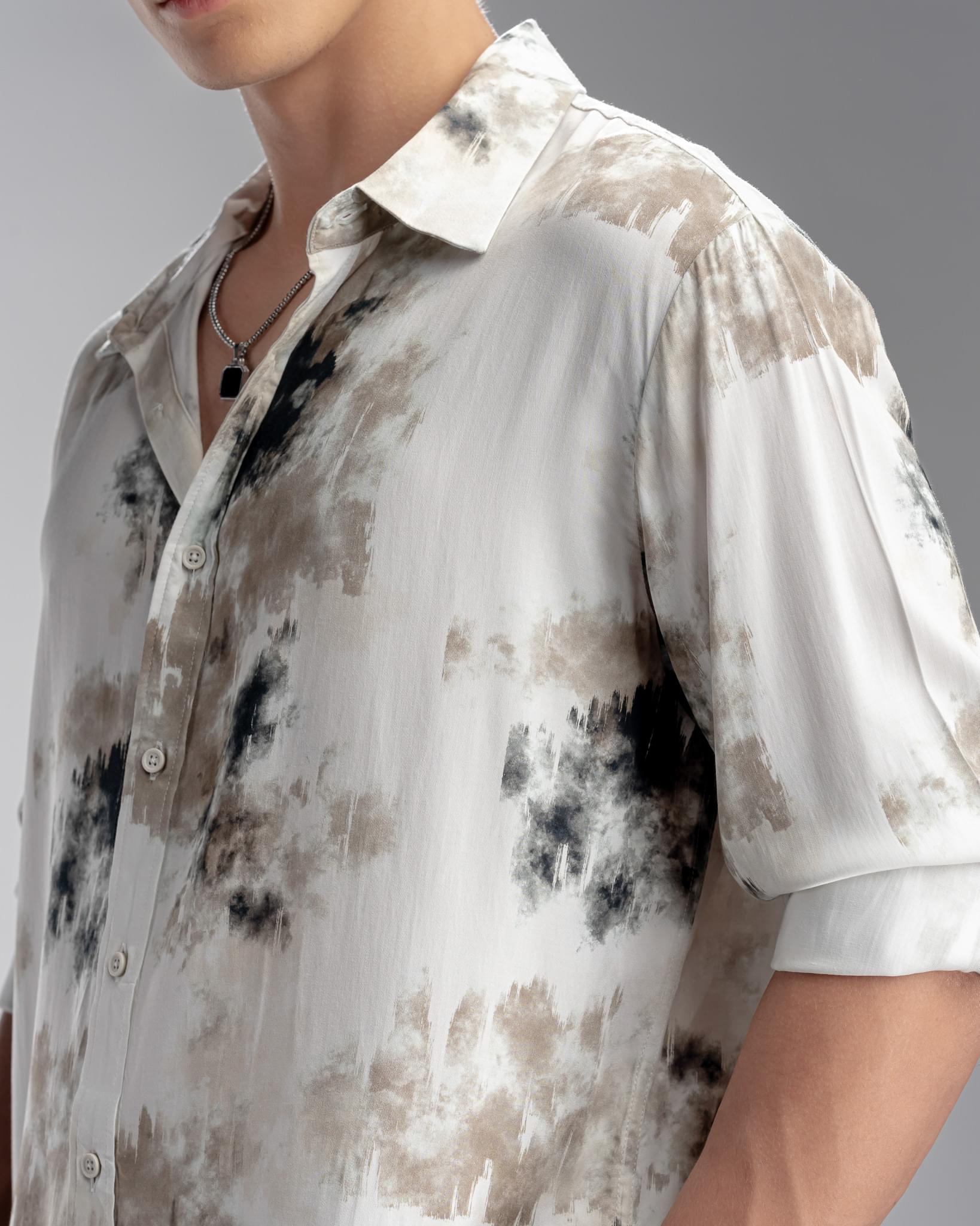 Snowpard Oslo Abstract Rayon Shirt Olive — model shot, men's designer rayon shirt