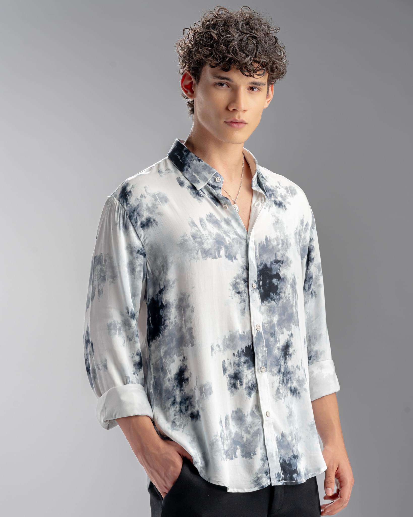 Snowpard Oslo Abstract Rayon Shirt White — three quarter view, printed casual shirt