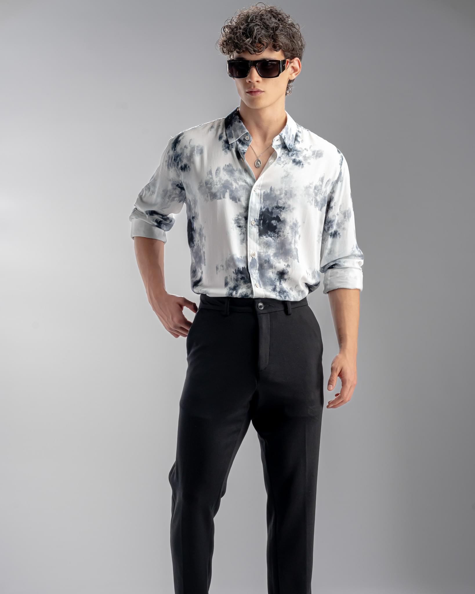 Snowpard Oslo Abstract Rayon Shirt White — full length, luxury menswear India