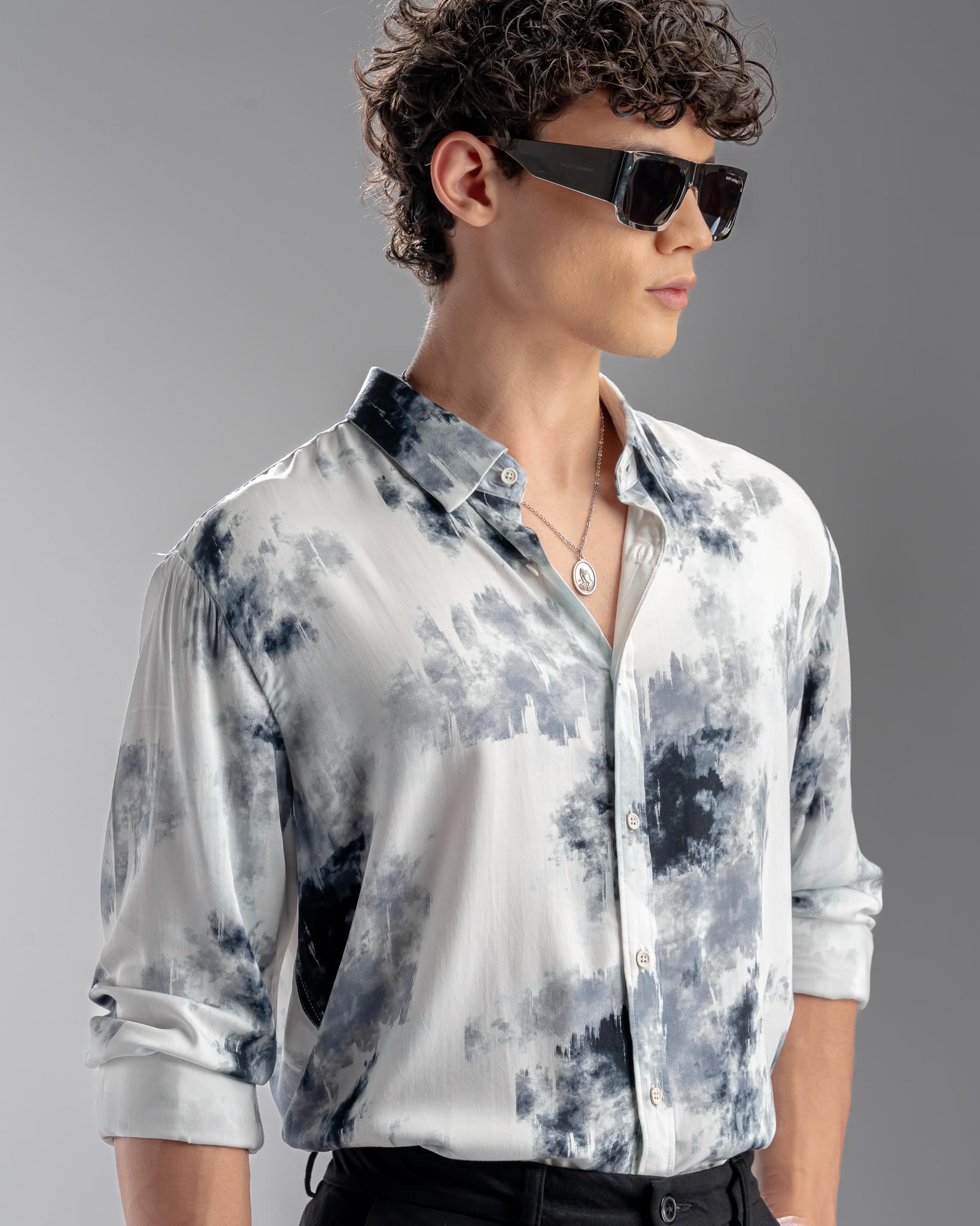 Snowpard Oslo Abstract Rayon Shirt White — model shot, men's designer rayon shirt