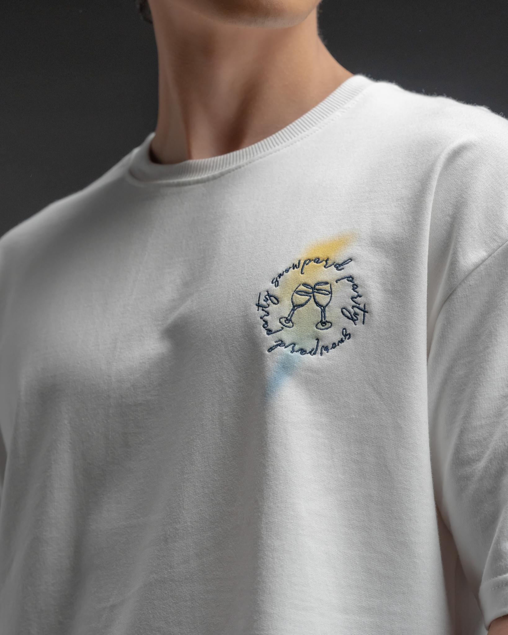 Snowpard Party Oversized Tee Off White — back artwork detail, aquatic overlay print