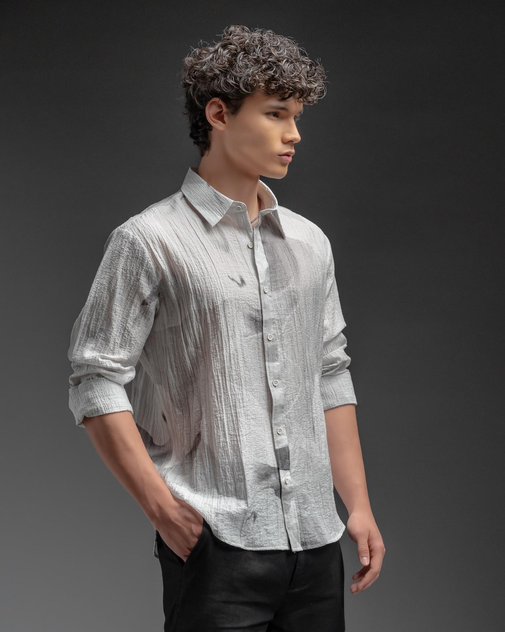 Snowpard Riva Crinkle Shirt White — three quarter view, structured nylon shirt