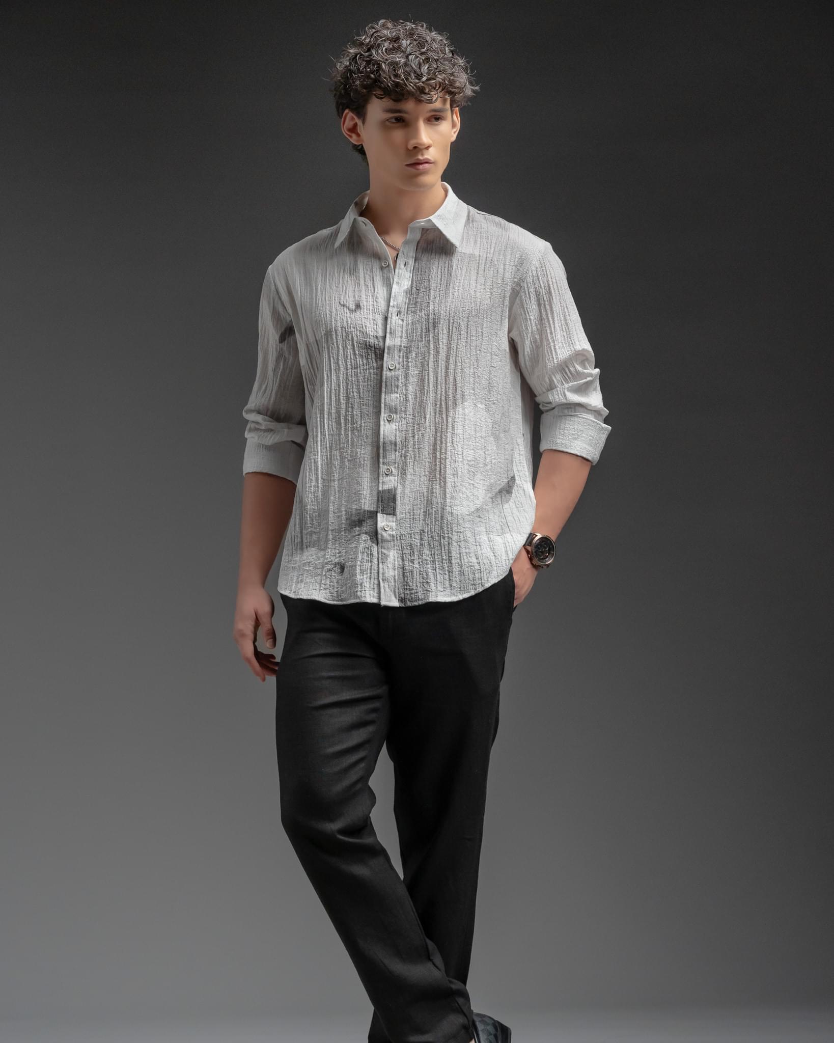 Snowpard Riva Crinkle Shirt White — full length, luxury menswear India