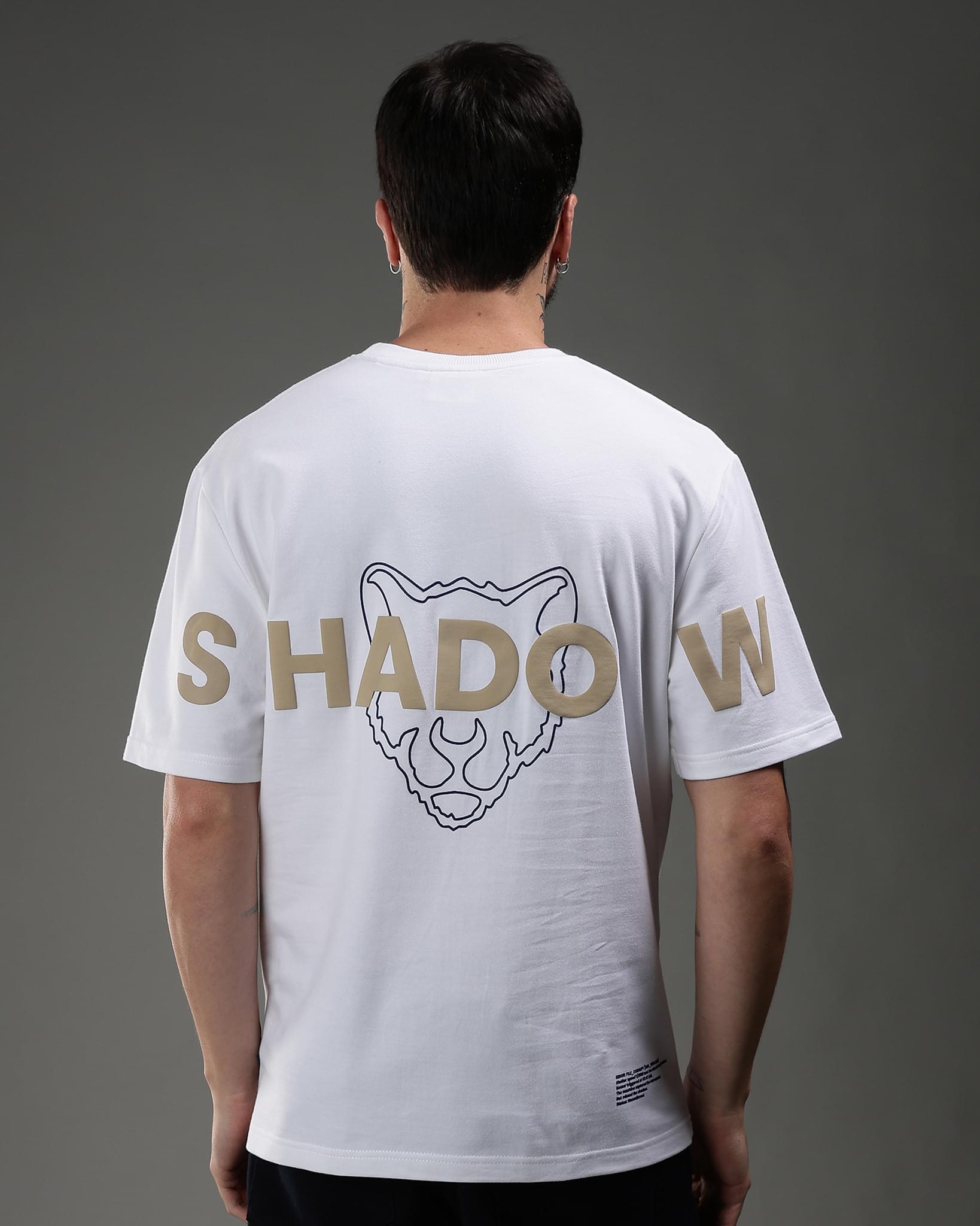 Snowpard Shadow Story Puff Print Tee White — chest detail, minimal puff leopard insignia