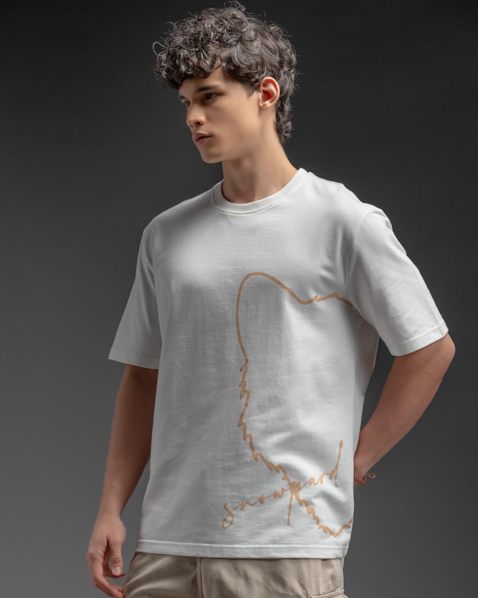 Snowpard Signature Script Tee White — back view, elongated signature script print