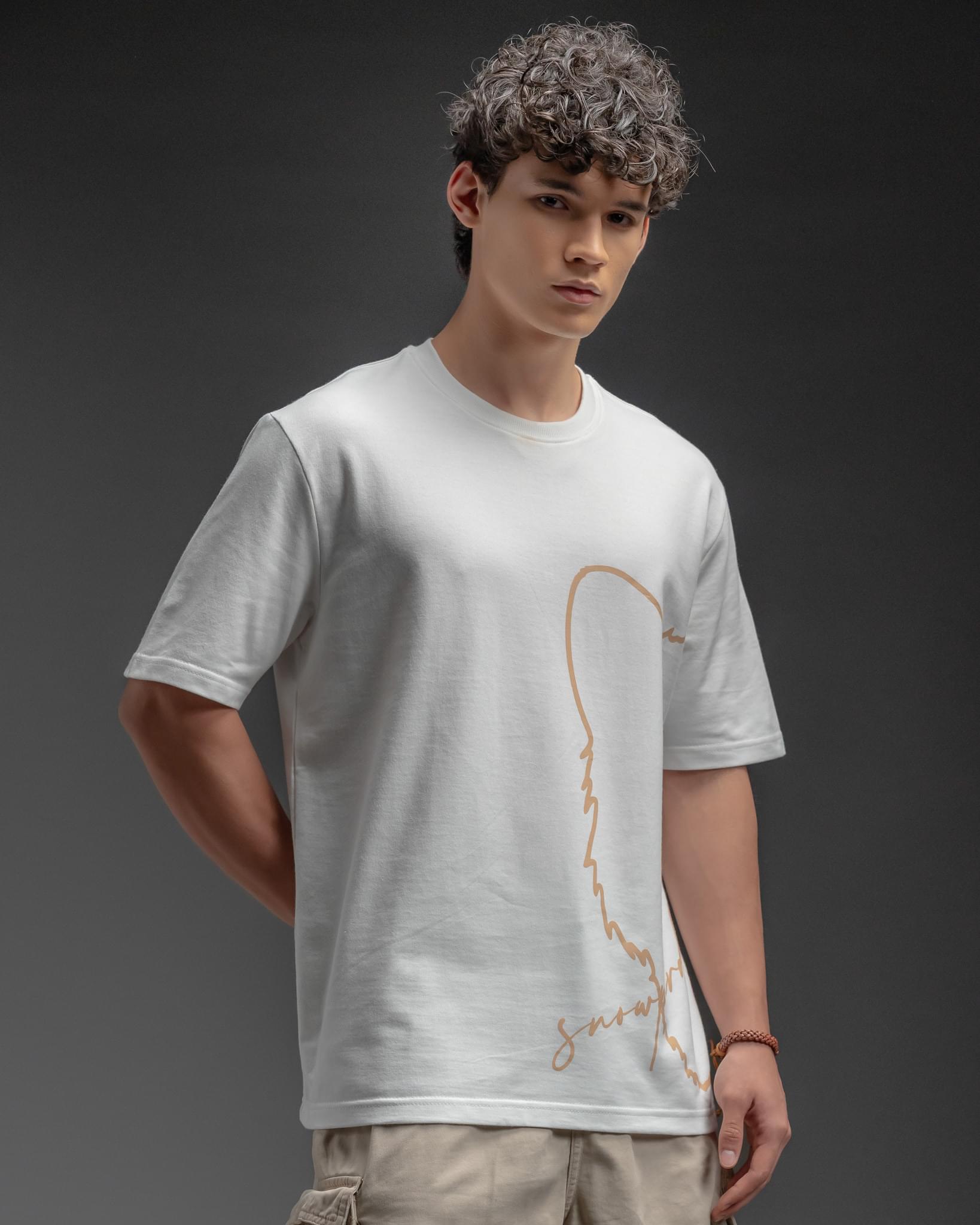 Snowpard Signature Script Tee White — detail view, diagonal script graphic