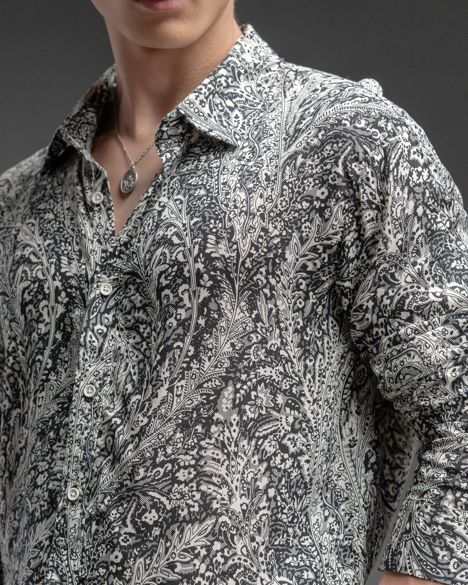 Snowpard Sion Paisley Rayon Shirt — three quarter view, statement printed shirt
