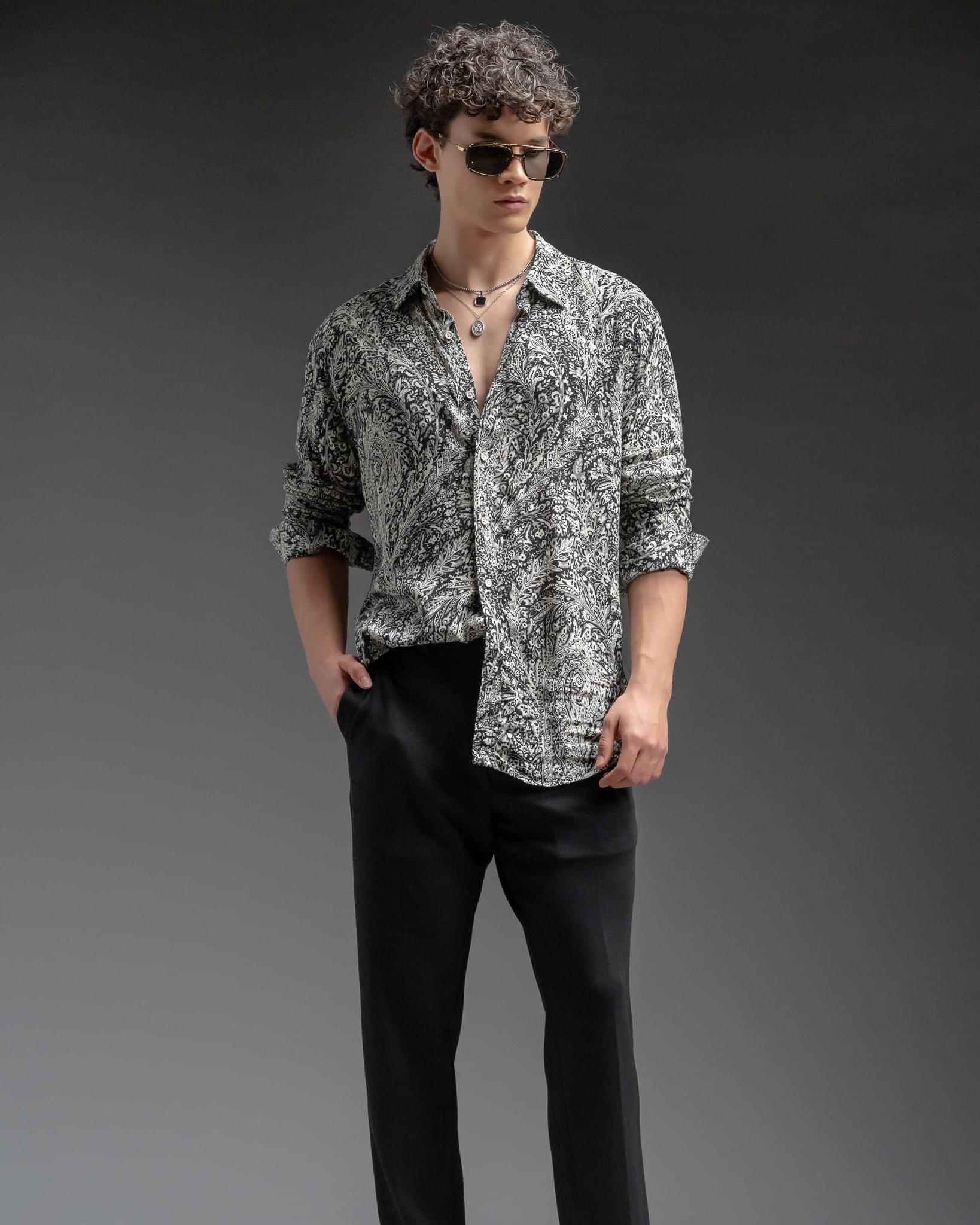 Snowpard Sion Paisley Rayon Shirt — model shot, men's designer rayon shirt