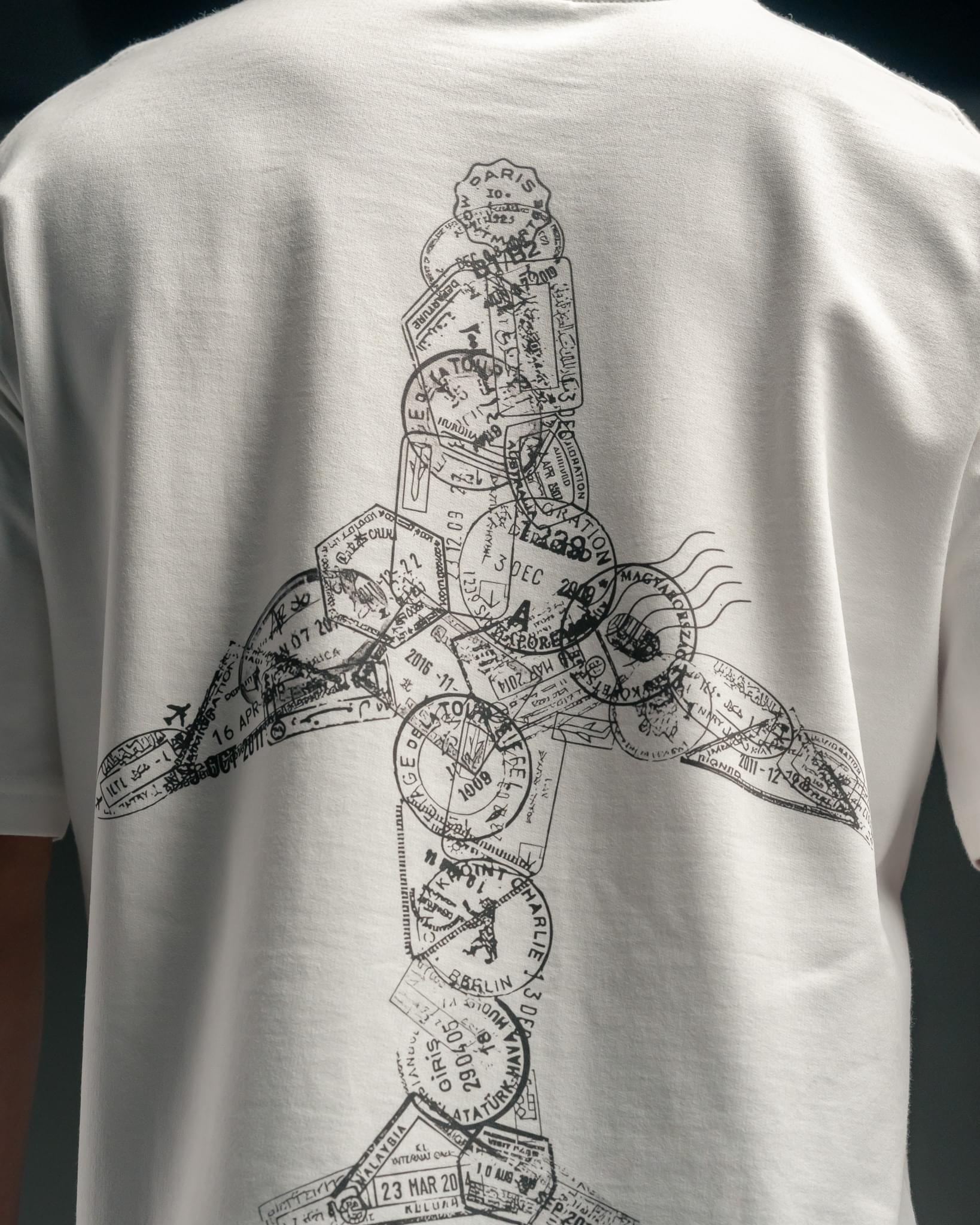 Snowpard Stamped Flight Relaxed Tee White — back artwork detail, flight stamp print