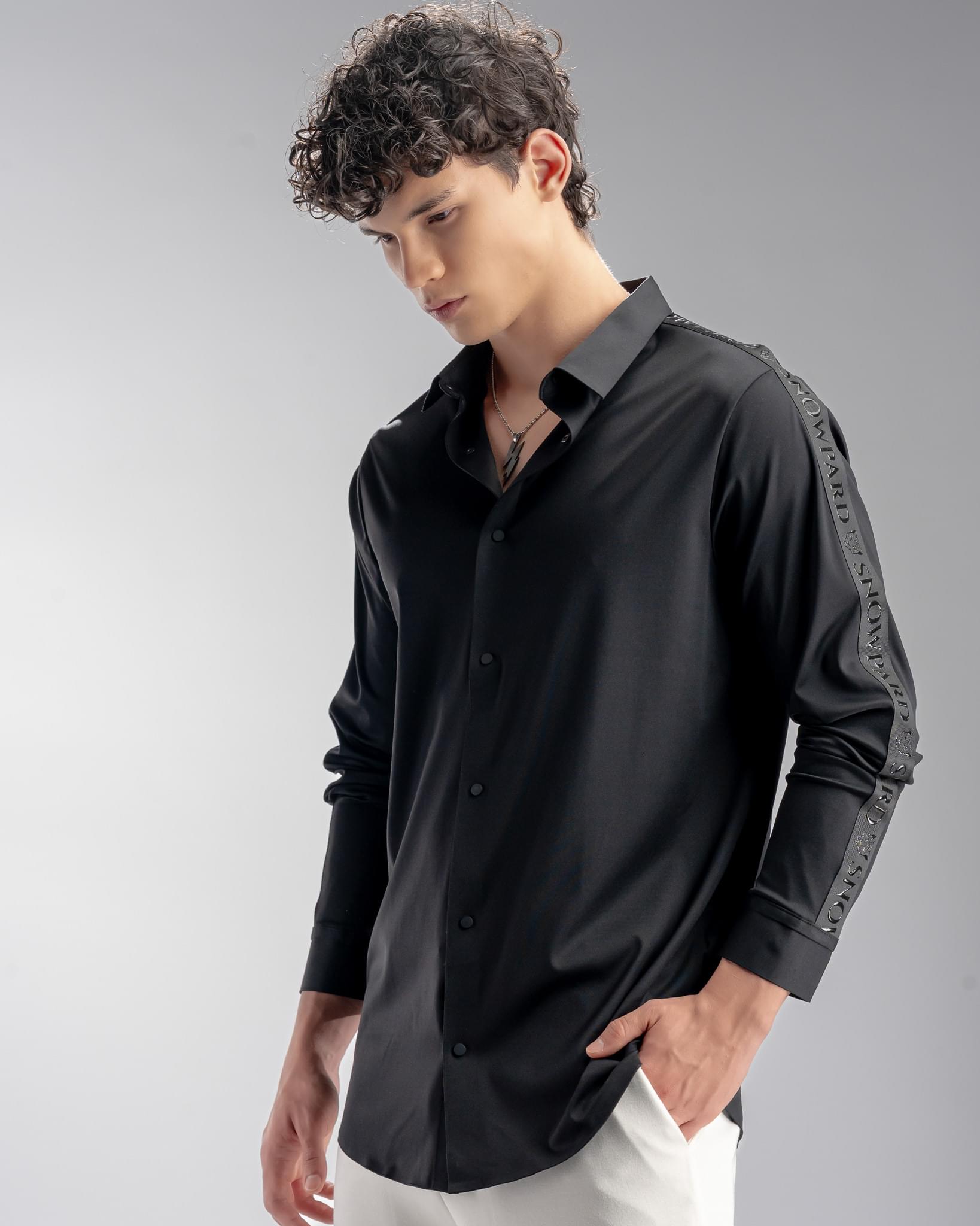 Snowpard Tacta Bonded Shirt Black — three quarter view, structured men's shirt