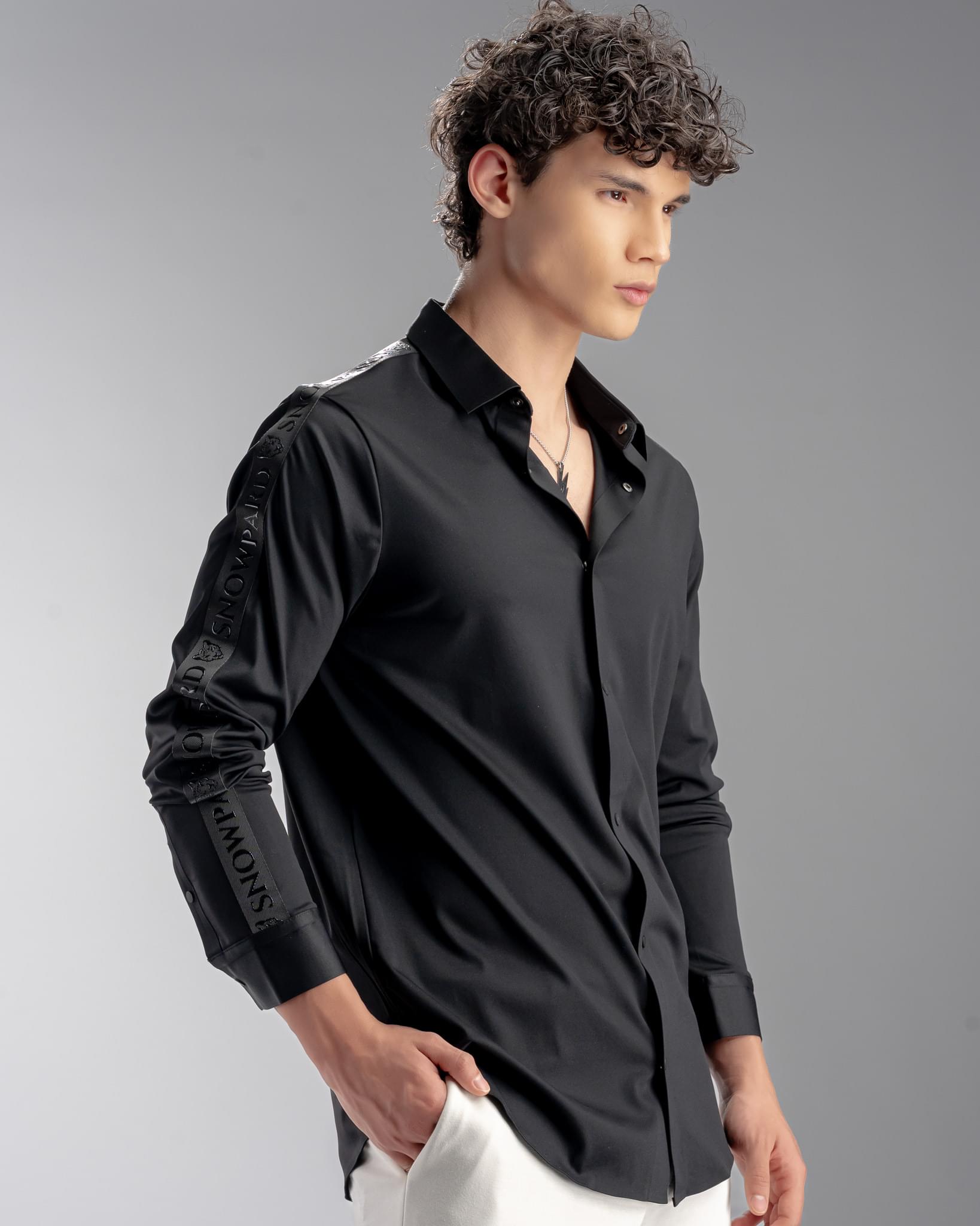 Snowpard Tacta Bonded Shirt Black — collar detail, premium men's formal shirt