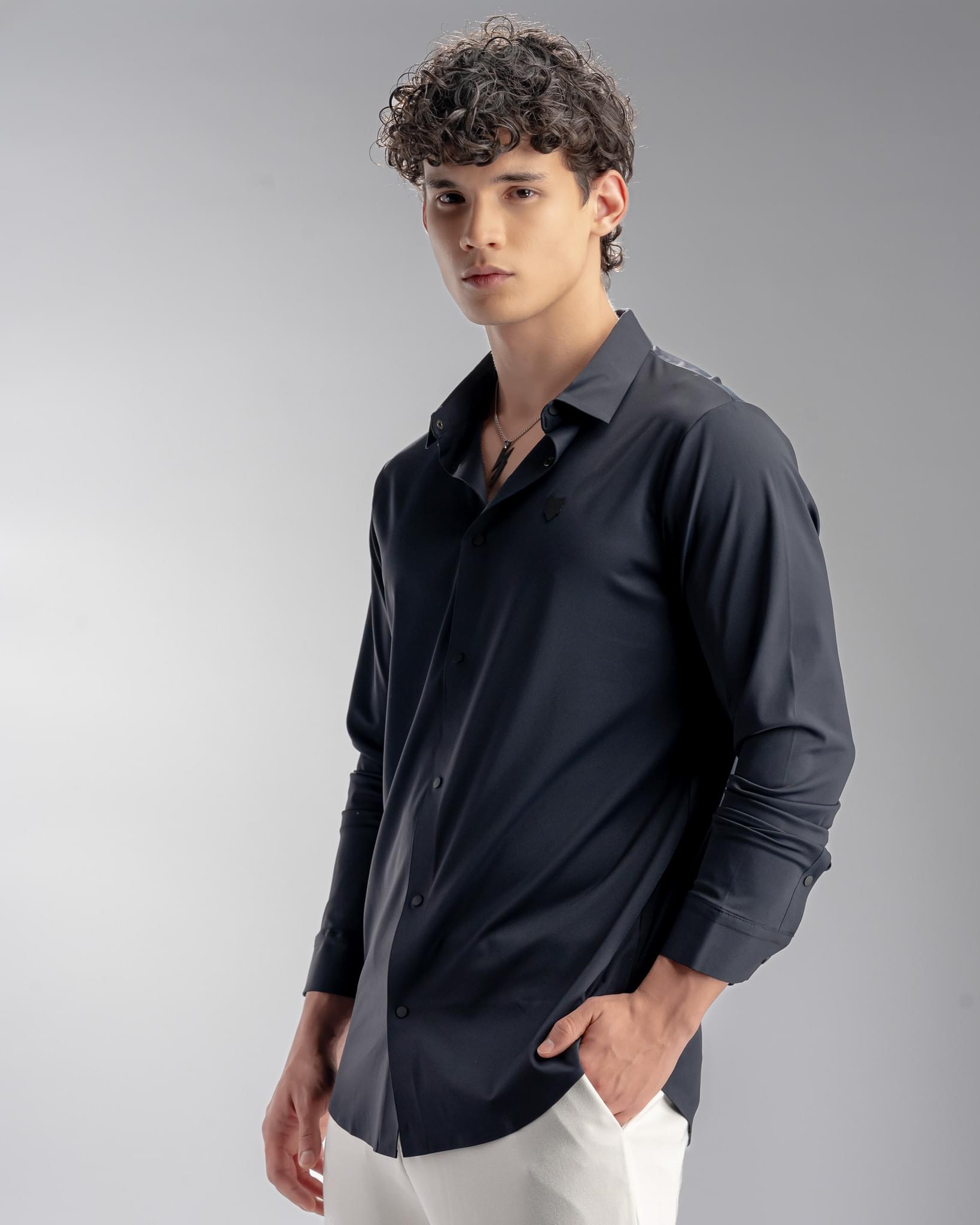 Snowpard Tacta Bonded Shirt Navy Blue — three quarter view, structured men's shirt