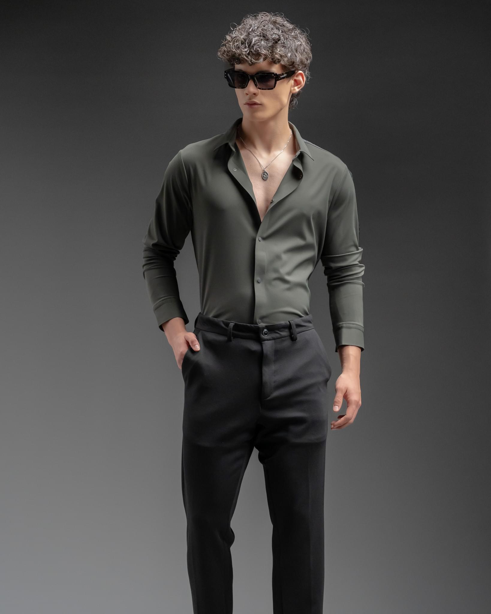 Snowpard Tacta Bonded Shirt Olive — collar detail, premium men's formal shirt
