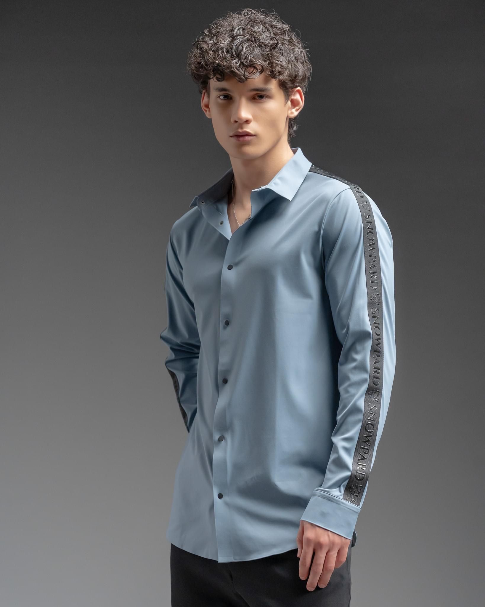 Snowpard Tacta Bonded Shirt Sky Blue — three quarter view, structured men's shirt