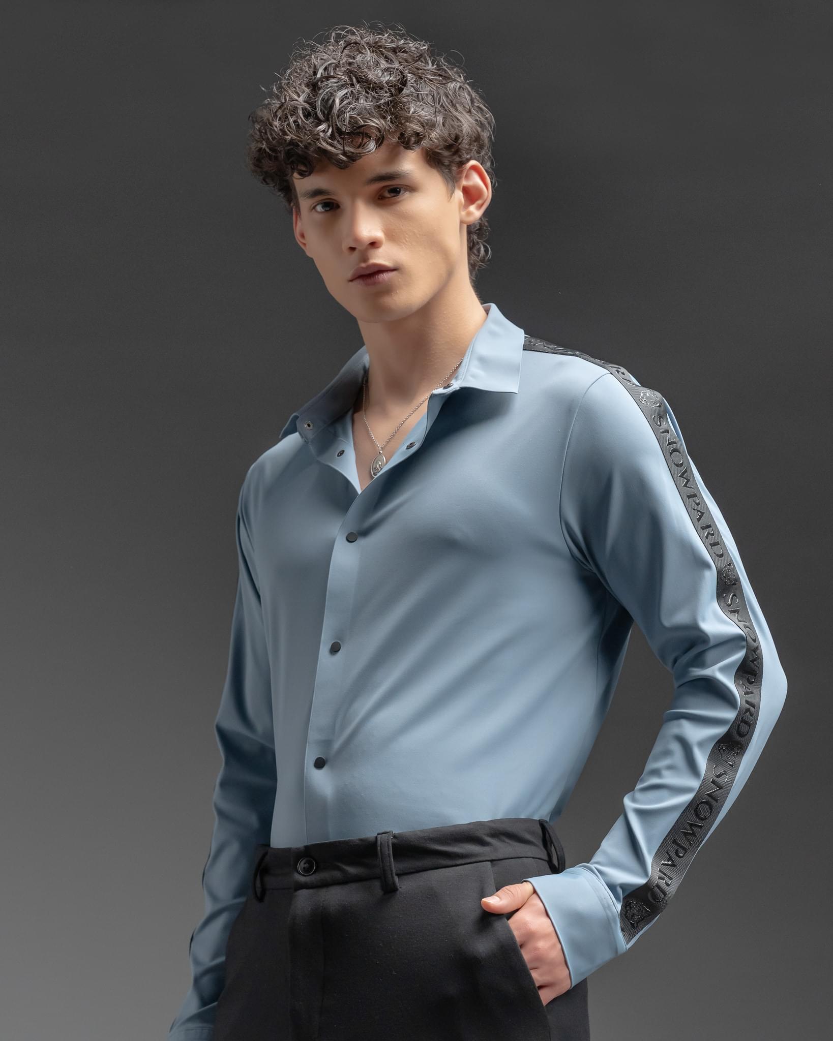 Snowpard Tacta Bonded Shirt Sky Blue — full length, luxury menswear India