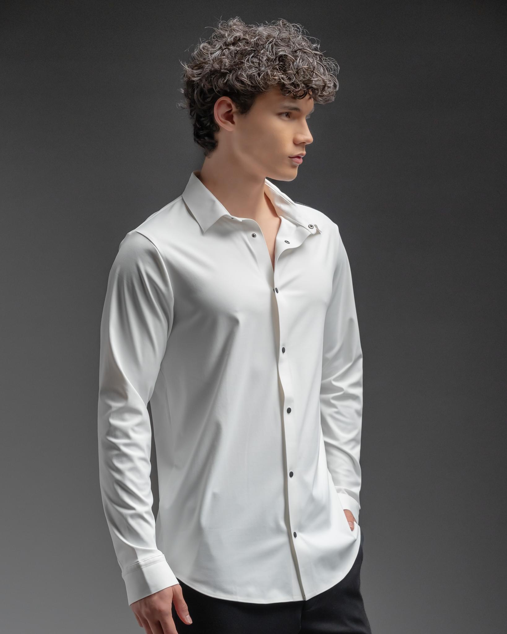 Snowpard Tacta Bonded Shirt White — three quarter view, structured men's shirt