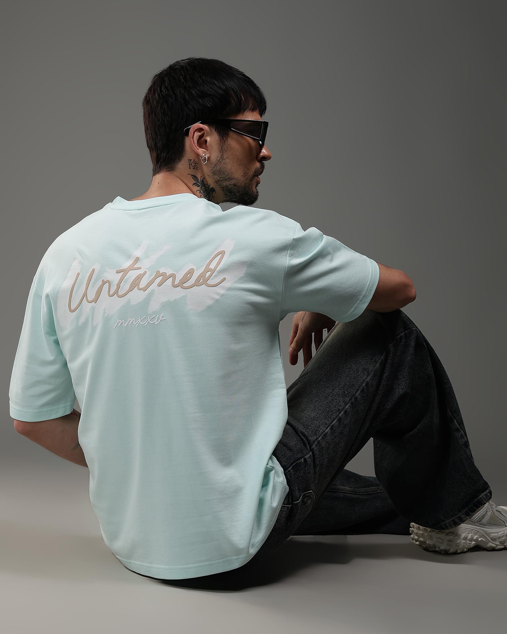 Snowpard Untamed Script Relaxed Tee Aqua Mist — full length, luxury graphic tee Bangalore