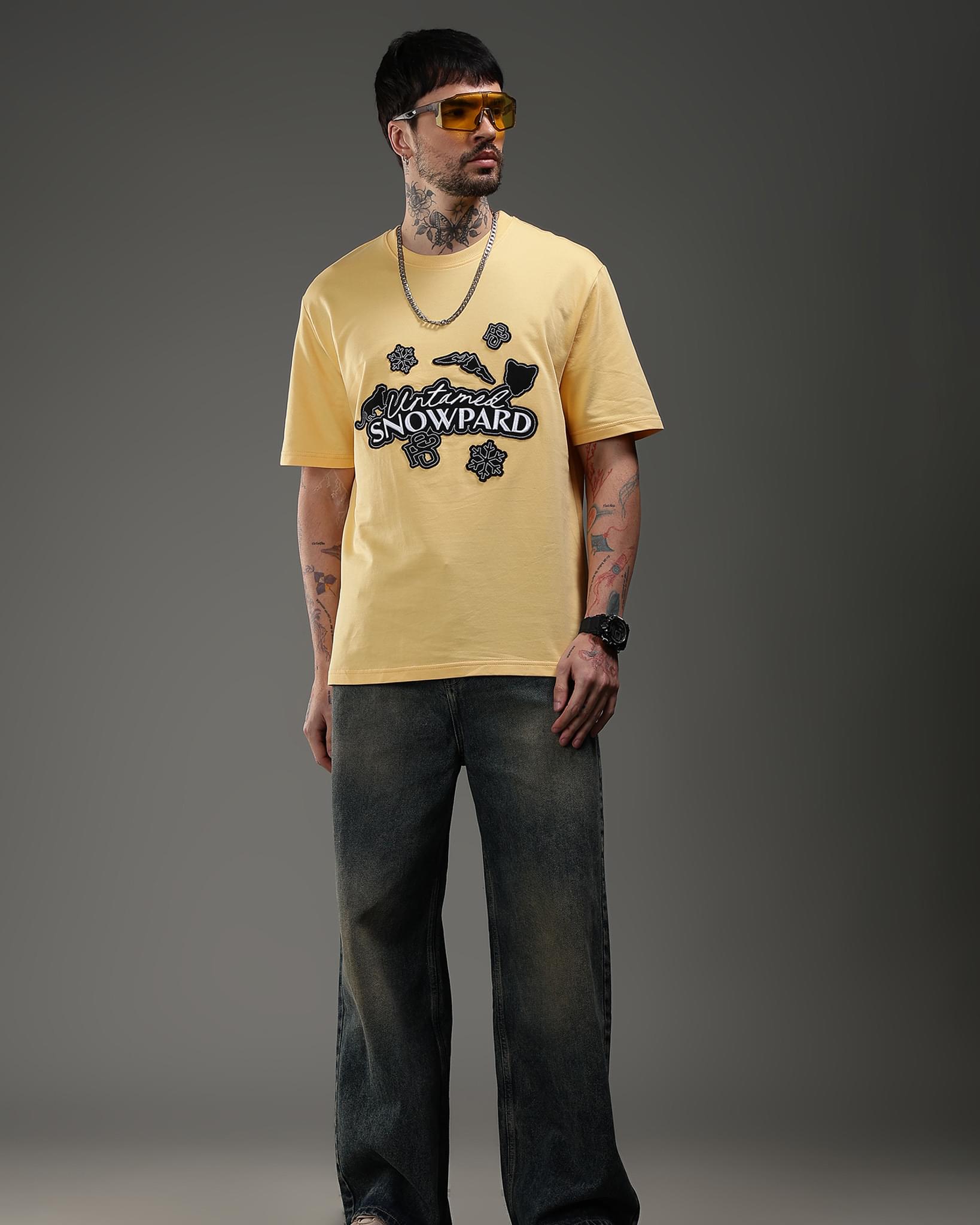 Snowpard Yellow Icon Embroidered Tee Yellow — full length, luxury embroidered tee Bangalore